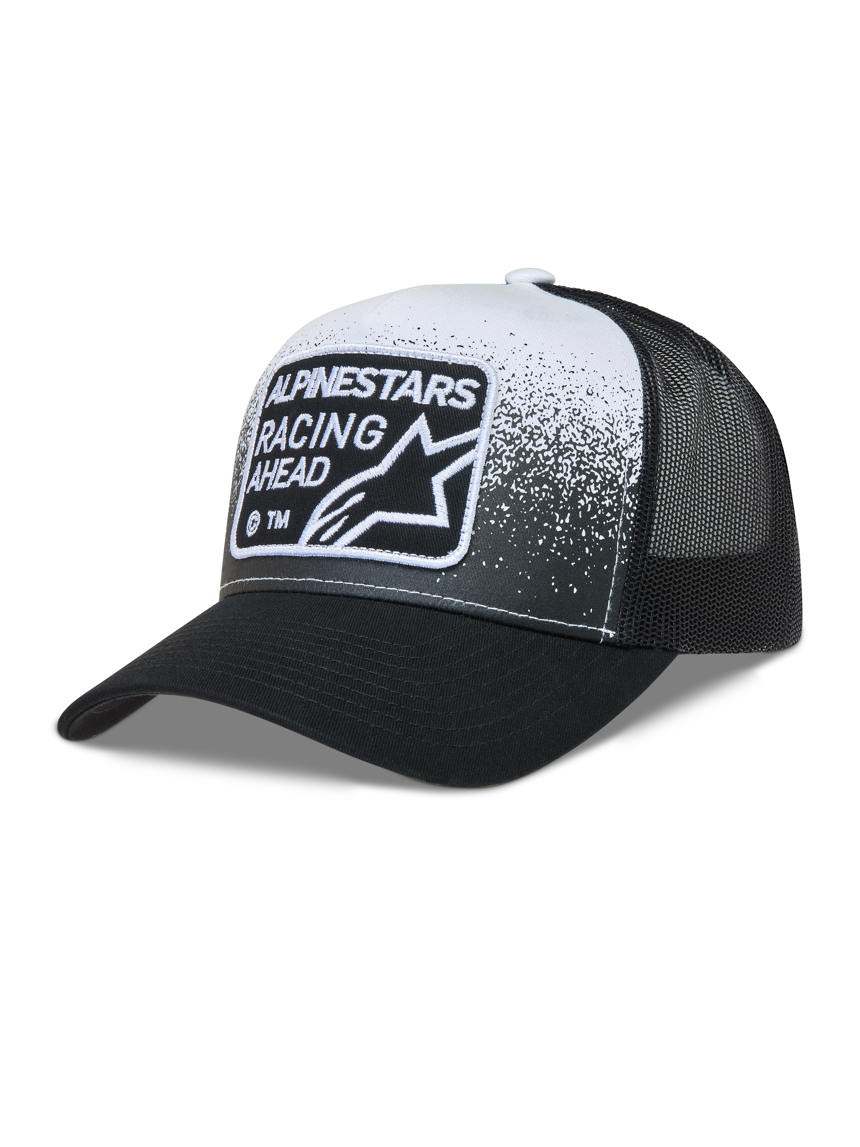 Alpinestars Gravel Trucker, casquette trucker noire et blanche avec visière courbée et écusson tissé Racing Ahead