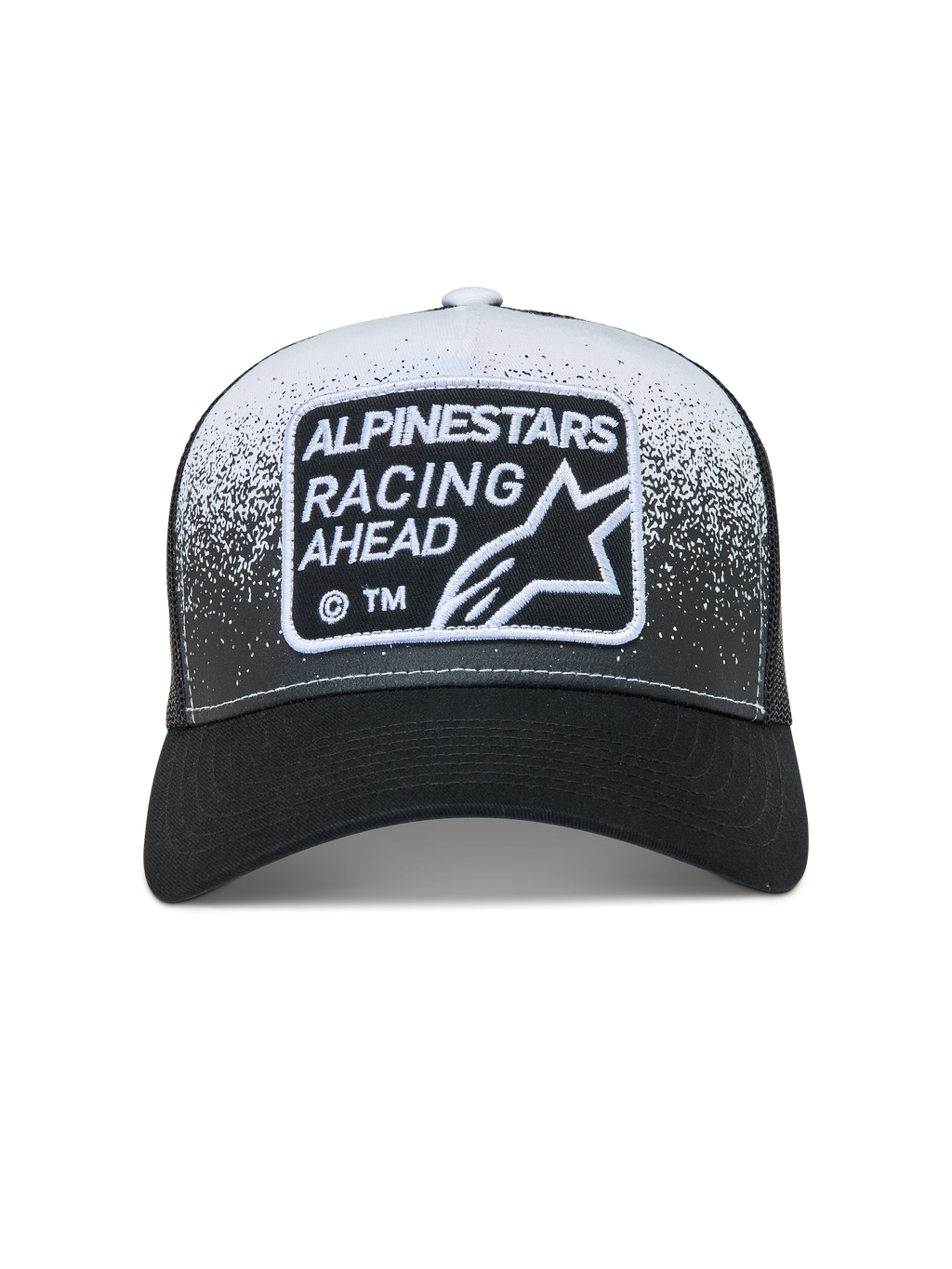 Alpinestars Gravel Trucker, casquette trucker noire et blanche avec patch tissé Racing Ahead et imprimé texture gravier.
