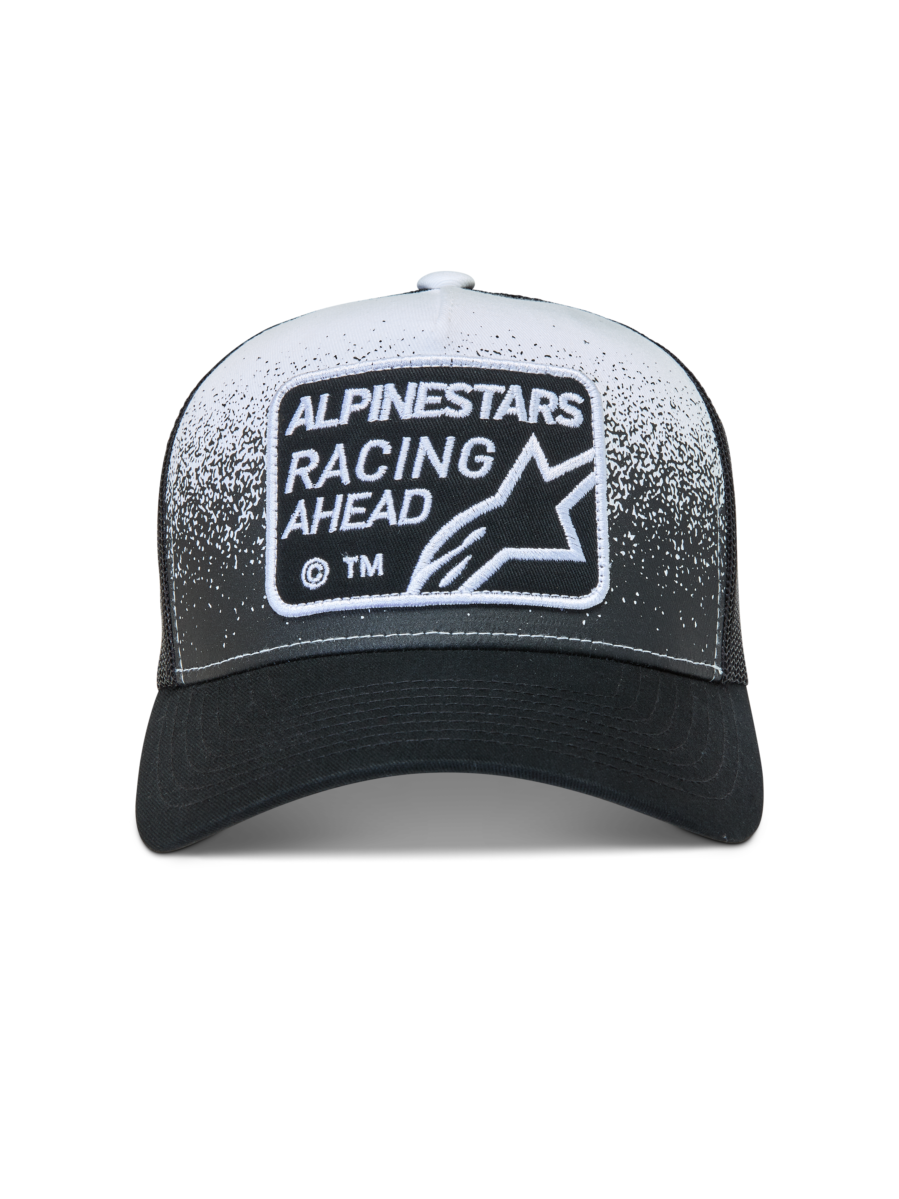 Alpinestars Gravel Trucker, casquette trucker noire et blanche avec patch tissé Racing Ahead et imprimé texture gravier.