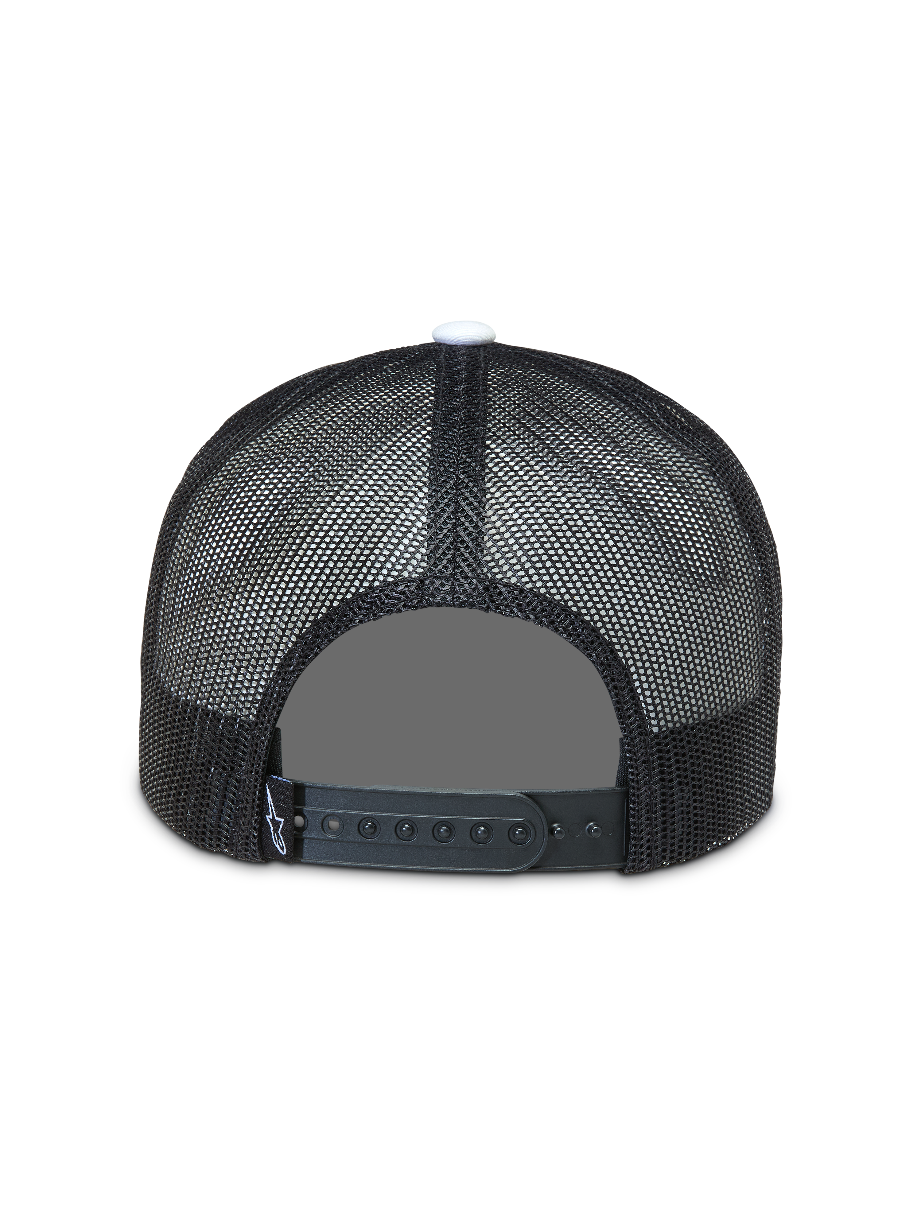 Alpinestars Gravel Trucker, casquette trucker noire, vue de dos avec maille respirante et fermeture à pression réglable
