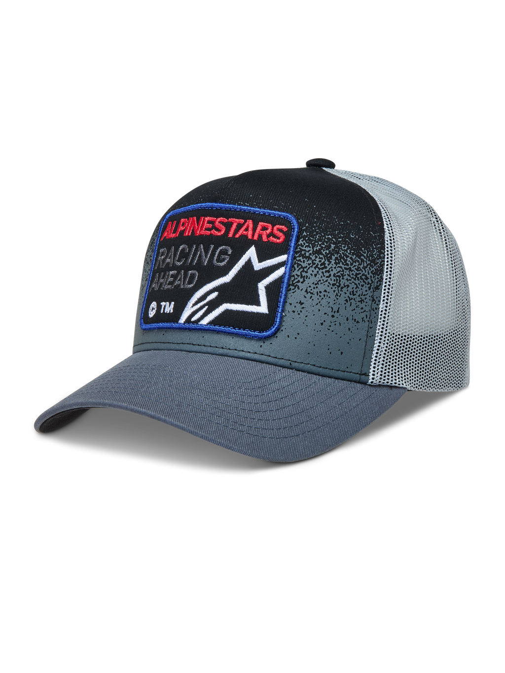 Alpinestars Gravel Trucker, casquette trucker grise et noire avec visière courbée, arrière en maille et écusson tissé