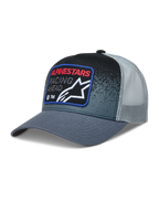Alpinestars Gravel Trucker, casquette trucker grise et noire avec visière courbée, arrière en maille et écusson tissé