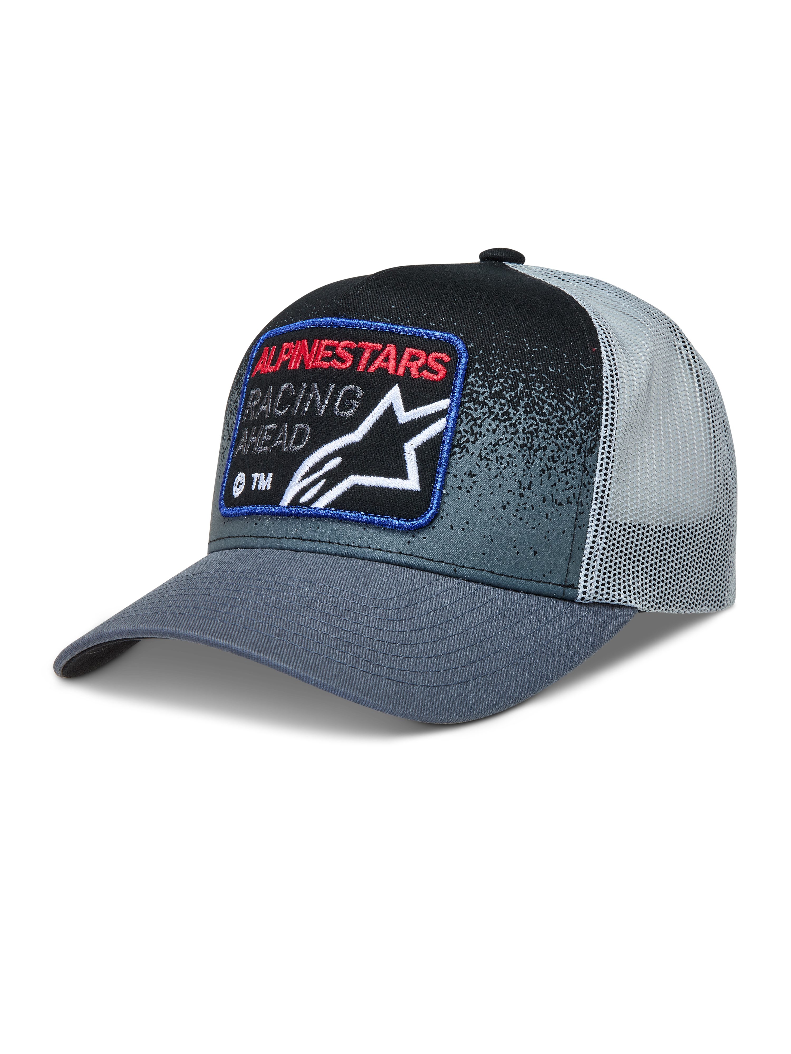 Alpinestars Gravel Trucker, casquette trucker grise et noire avec visière courbée, arrière en maille et écusson tissé