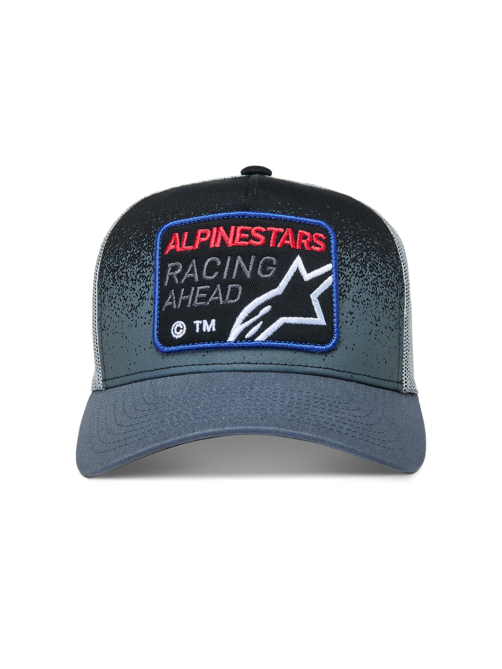 Alpinestars Gravel Trucker, casquette trucker grise et noire avec arrière en maille et écusson racing, style sportswear