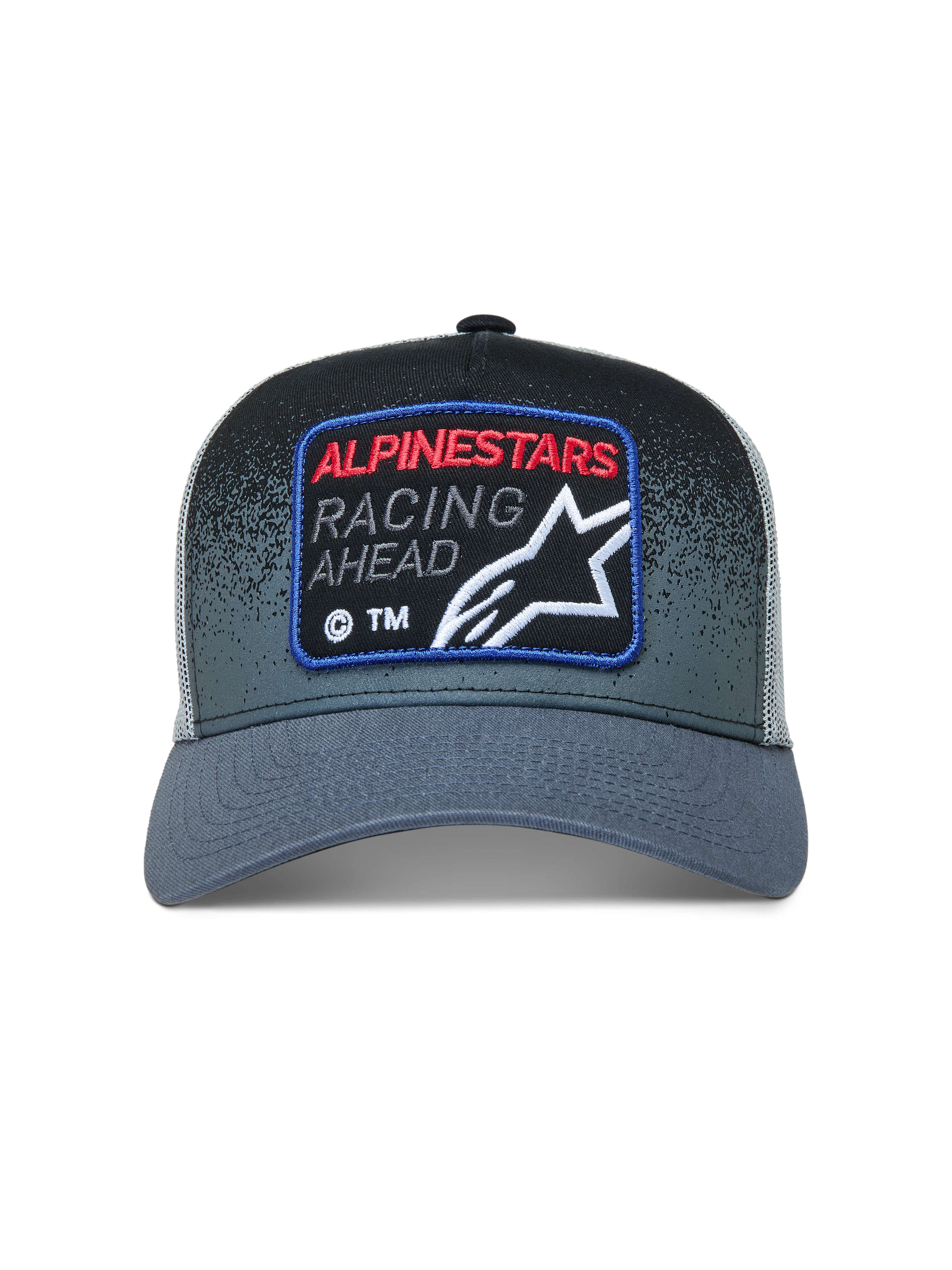 Alpinestars Gravel Trucker, casquette trucker grise et noire avec arrière en maille et écusson racing, style sportswear