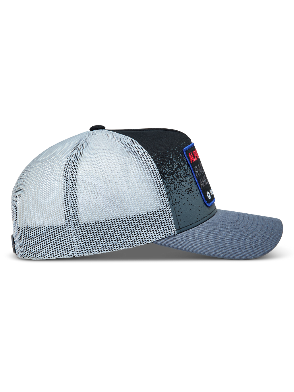 Alpinestars Gravel Trucker Casquette, casquette de sportswear gris foncé et noire, maille blanche et visière courbée.