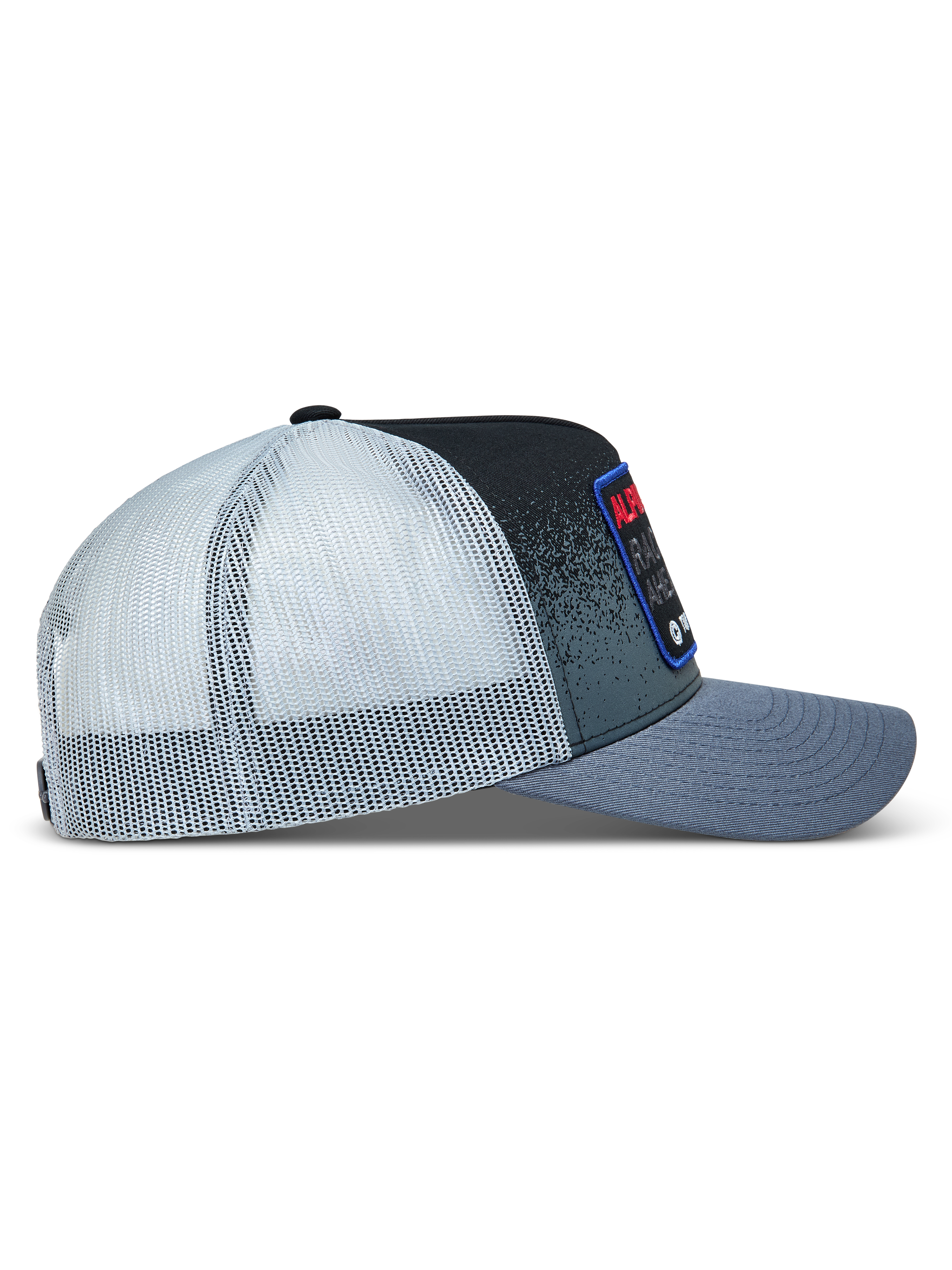 Alpinestars Gravel Trucker Casquette, casquette de sportswear gris foncé et noire, maille blanche et visière courbée.