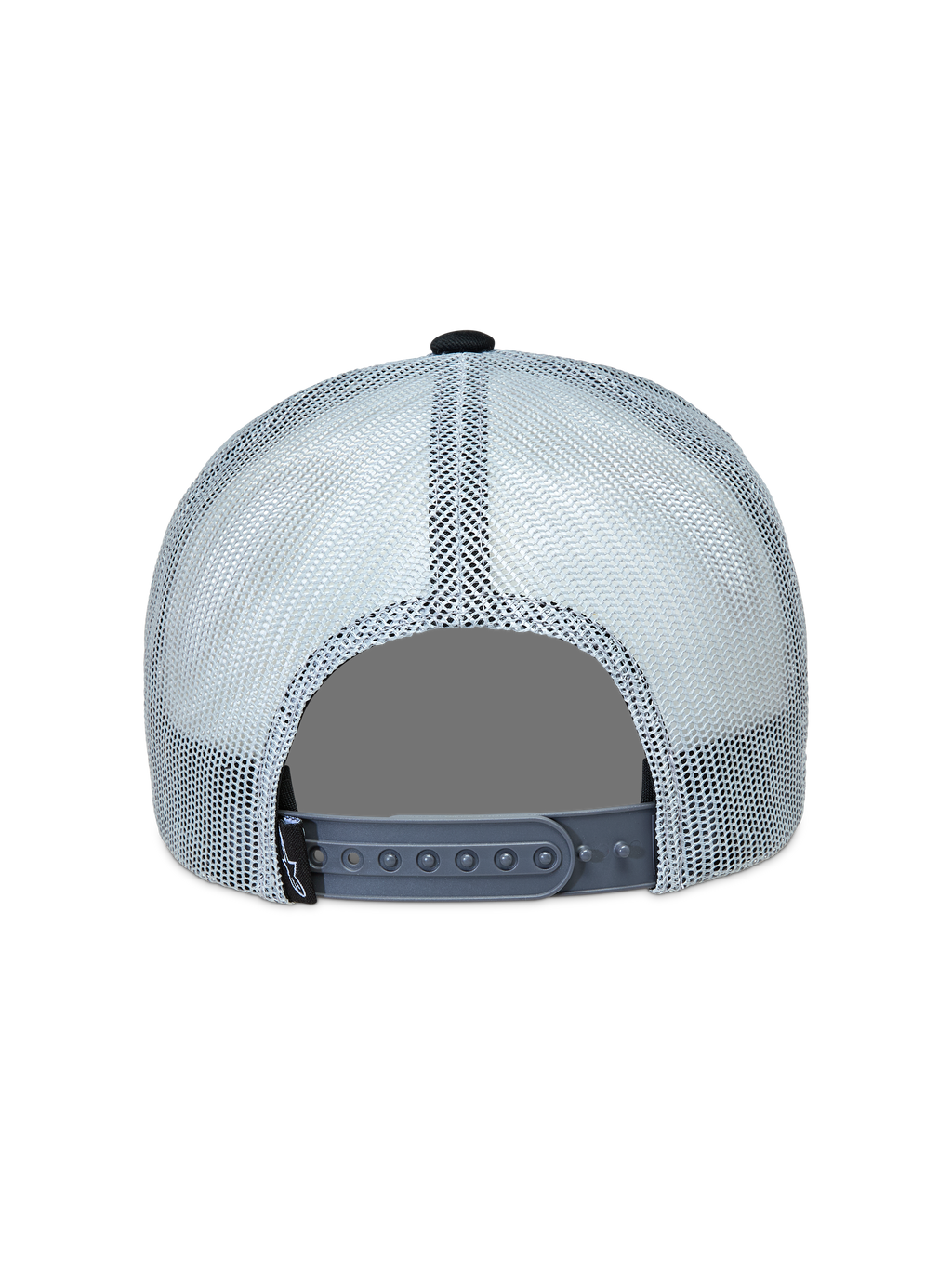 Alpinestars Gravel Trucker, casquette trucker grise et noire, vue de dos avec maille respirante et fermeture réglable.