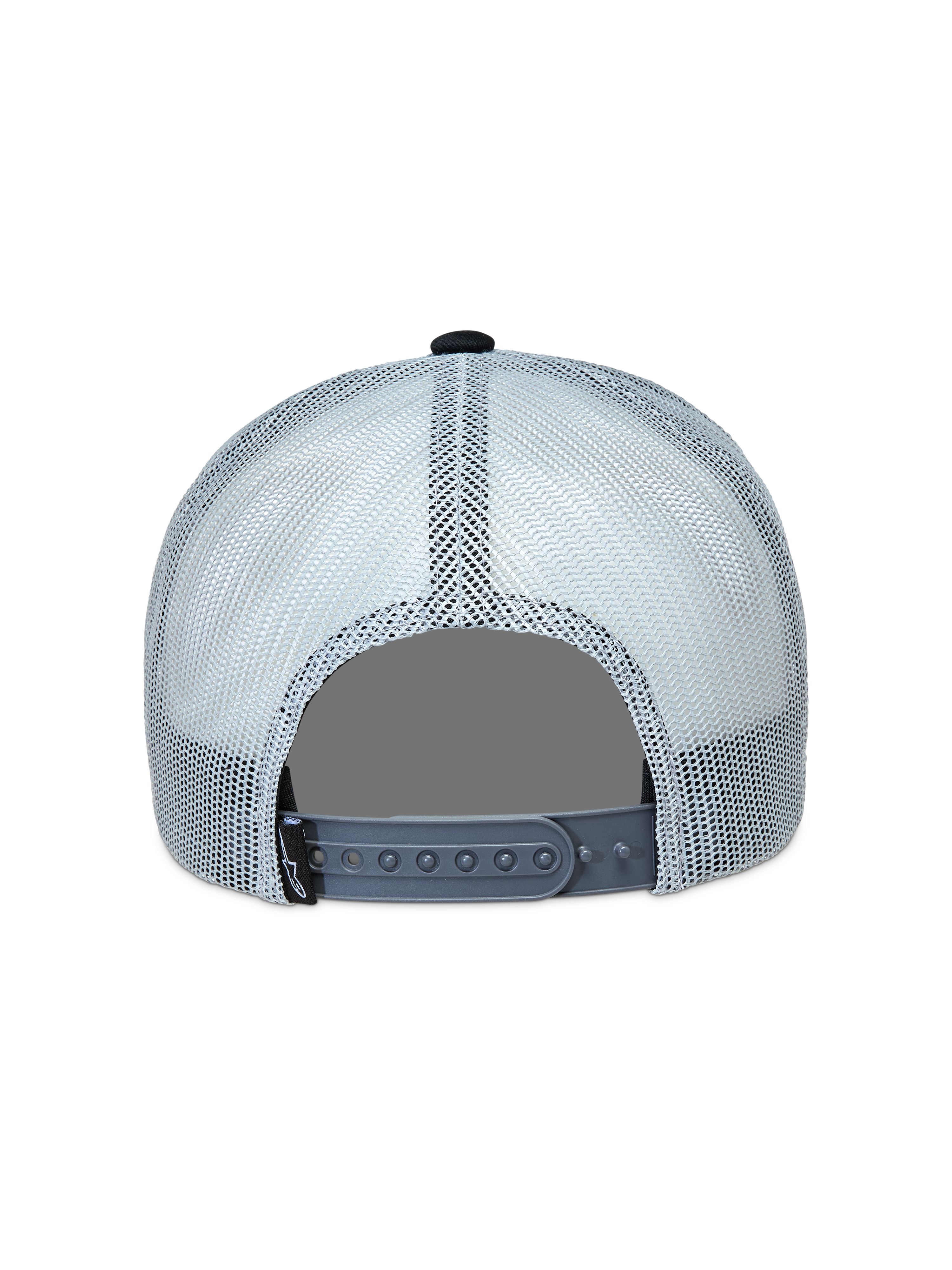 Alpinestars Gravel Trucker, casquette trucker grise et noire, vue de dos avec maille respirante et fermeture réglable.