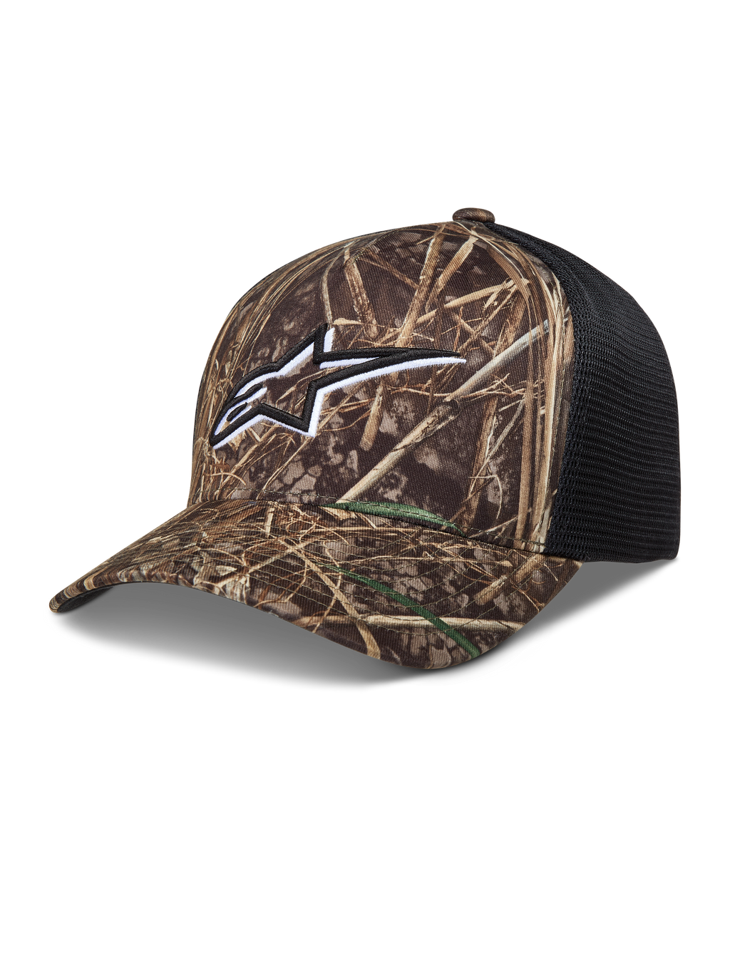 Alpinestars Thicket Realtree Trucker, casquette de style sportswear camouflage et noire avec logo Astars blanc.