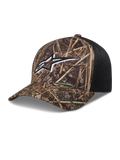 Alpinestars Thicket Realtree Trucker, casquette de style sportswear camouflage et noire avec logo Astars blanc.