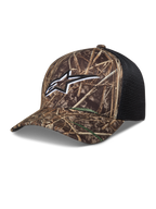 Alpinestars Thicket Realtree Trucker, casquette de style sportswear camouflage et noire avec logo Astars blanc.