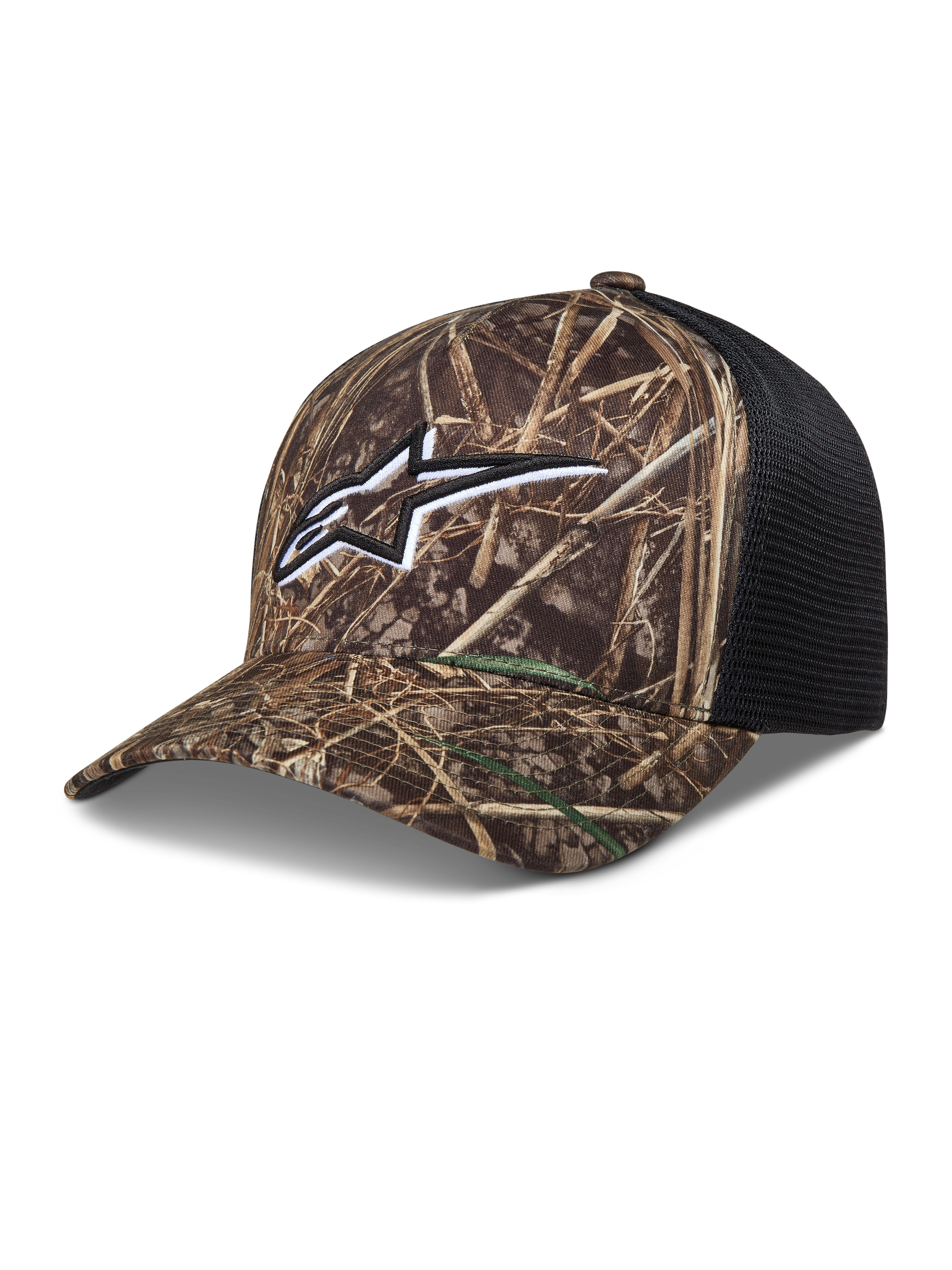 Alpinestars Thicket Realtree Trucker, casquette de style sportswear camouflage et noire avec logo Astars blanc.