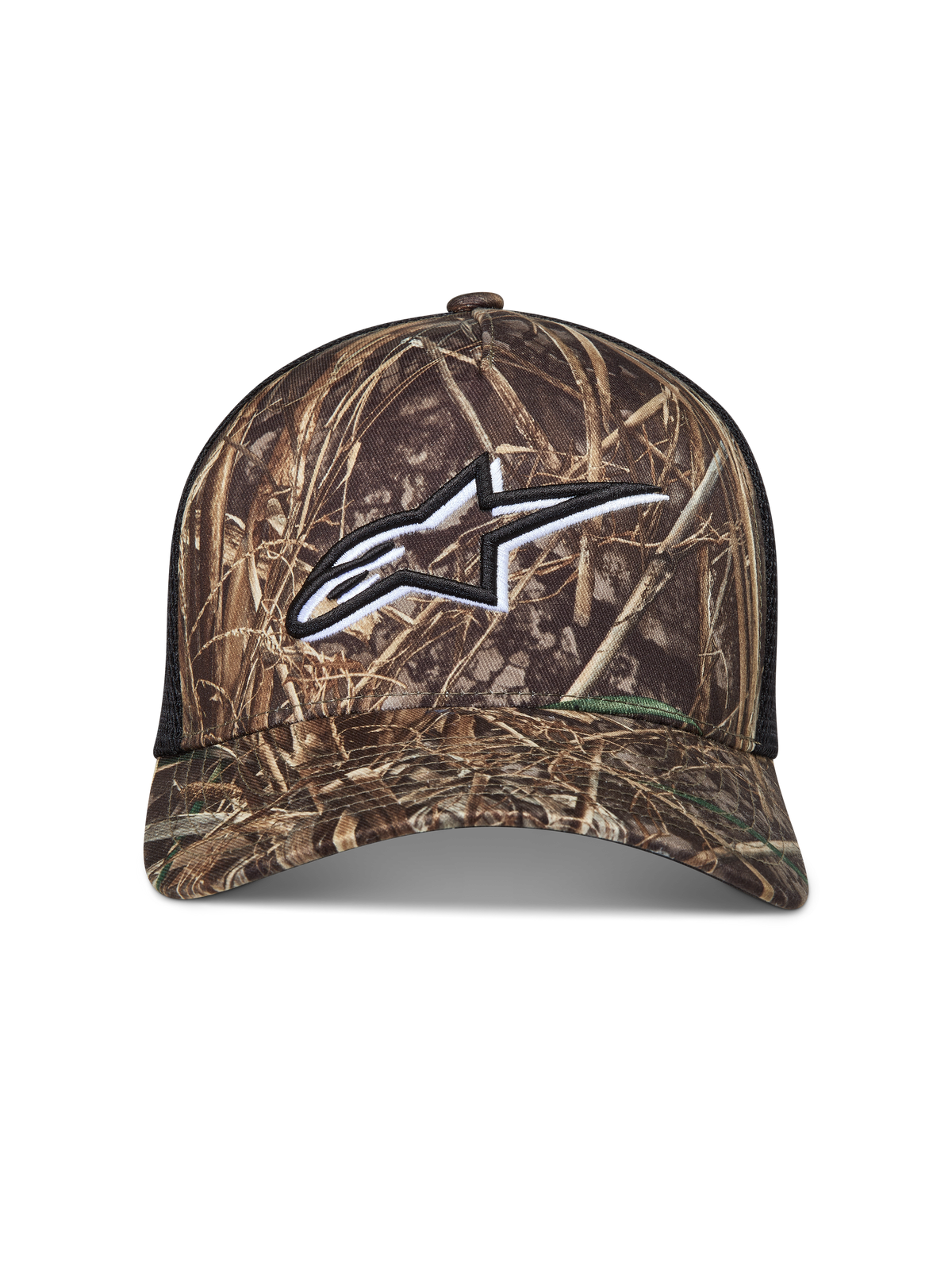 Alpinestars Thicket Realtree Trucker, casquette trucker à motif camouflage et maille noire avec logo Astars blanc brodé.