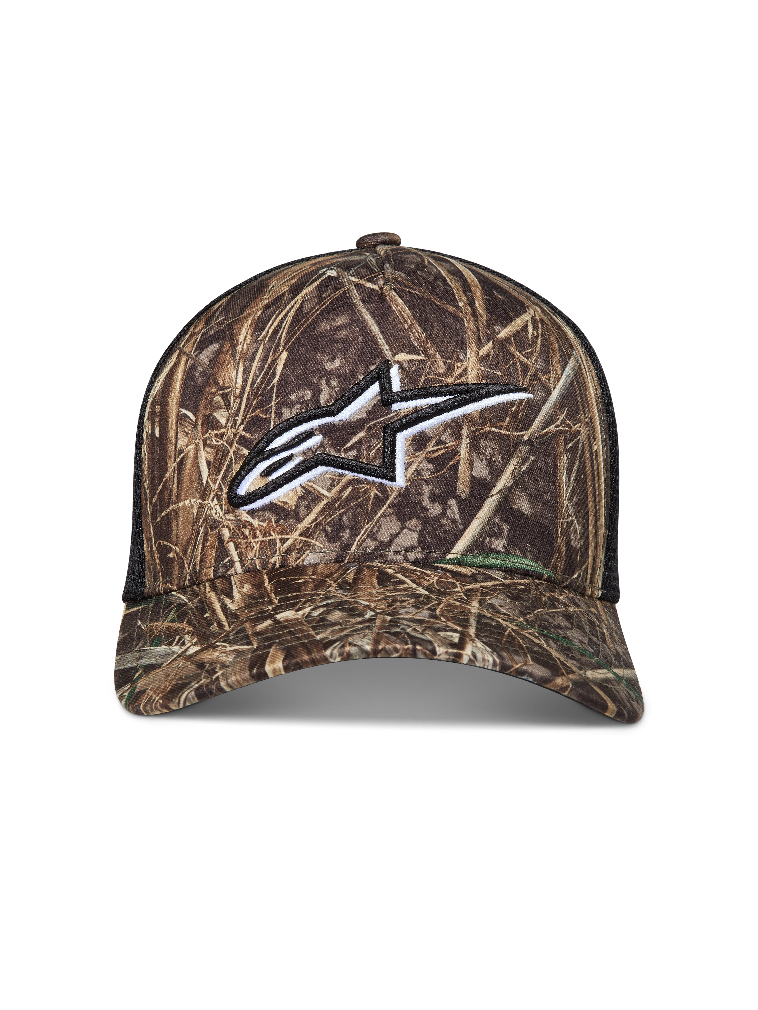 Alpinestars Thicket Realtree Trucker, casquette trucker à motif camouflage et maille noire avec logo Astars blanc brodé.