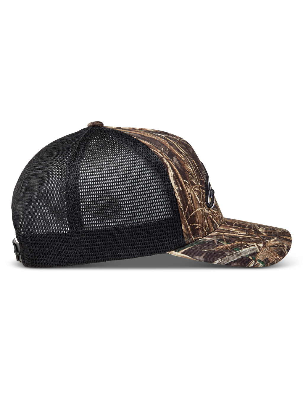 Alpinestars Thicket Realtree, casquette trucker camouflage et noire avec visière courbée et maille respirante, vue de profil.