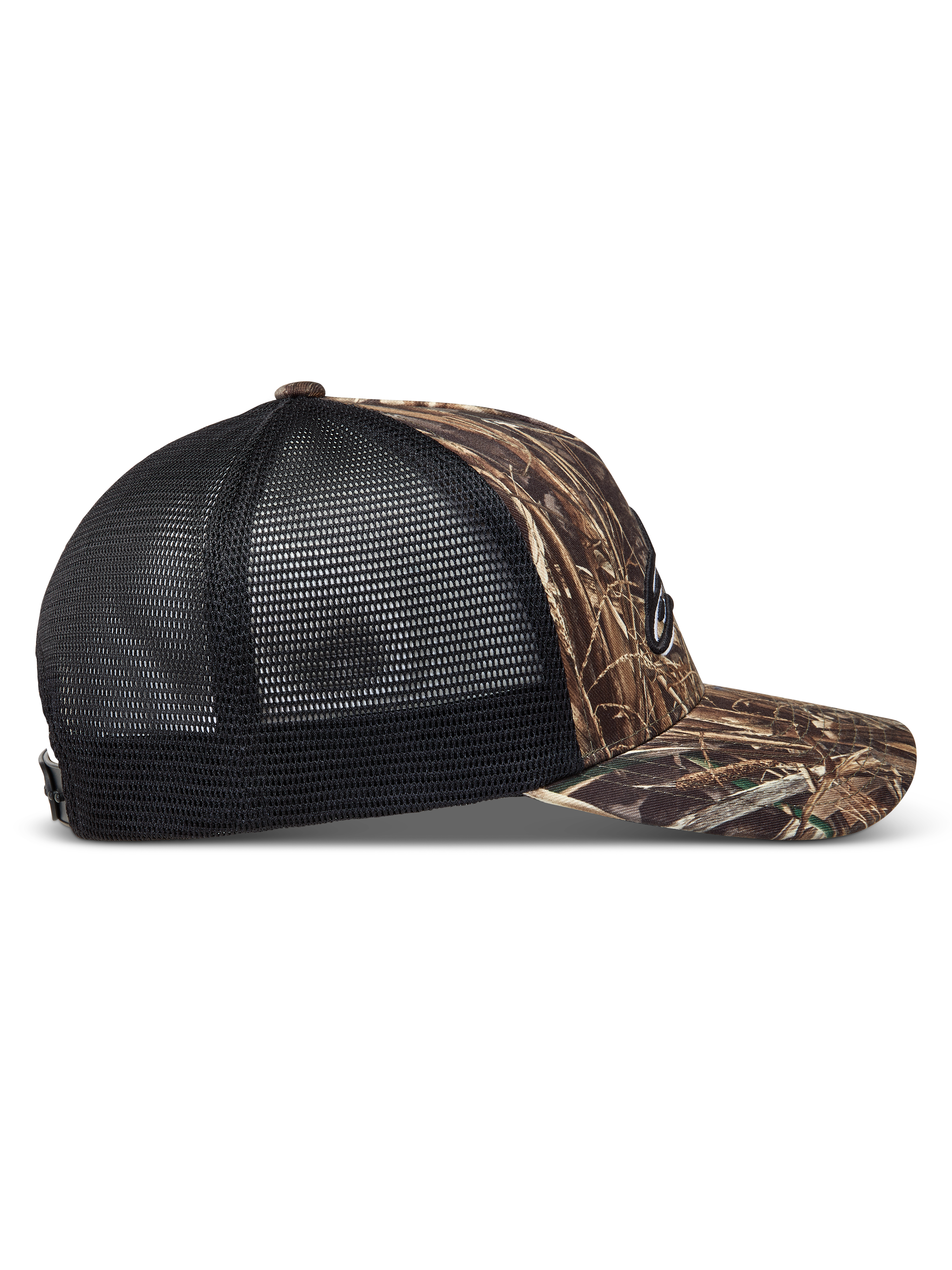 Alpinestars Thicket Realtree, casquette trucker camouflage et noire avec visière courbée et maille respirante, vue de profil.