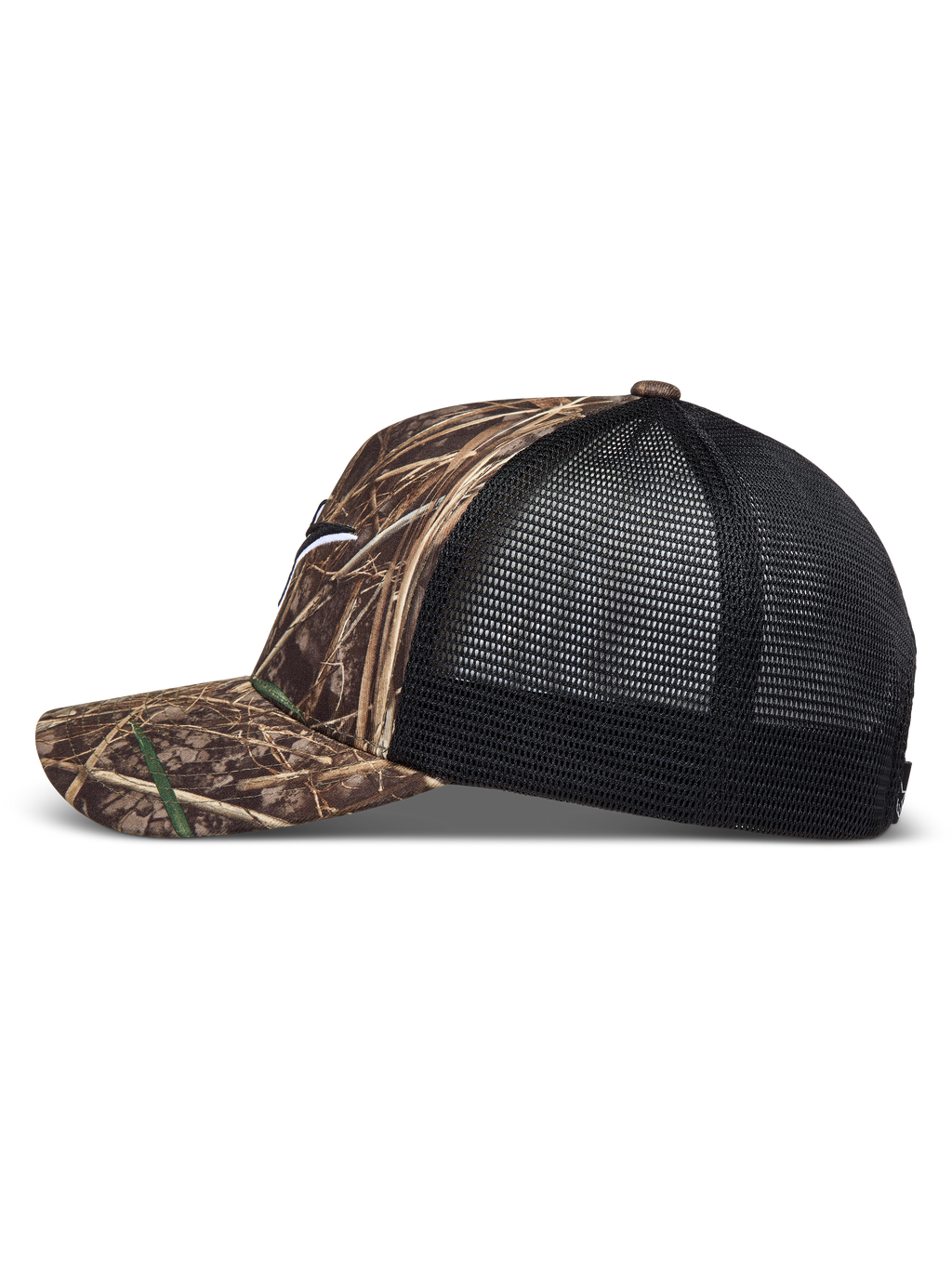 Alpinestars Thicket Realtree Trucker Casquette, casquette trucker noire et camouflage, visière courbée et arrière en maille