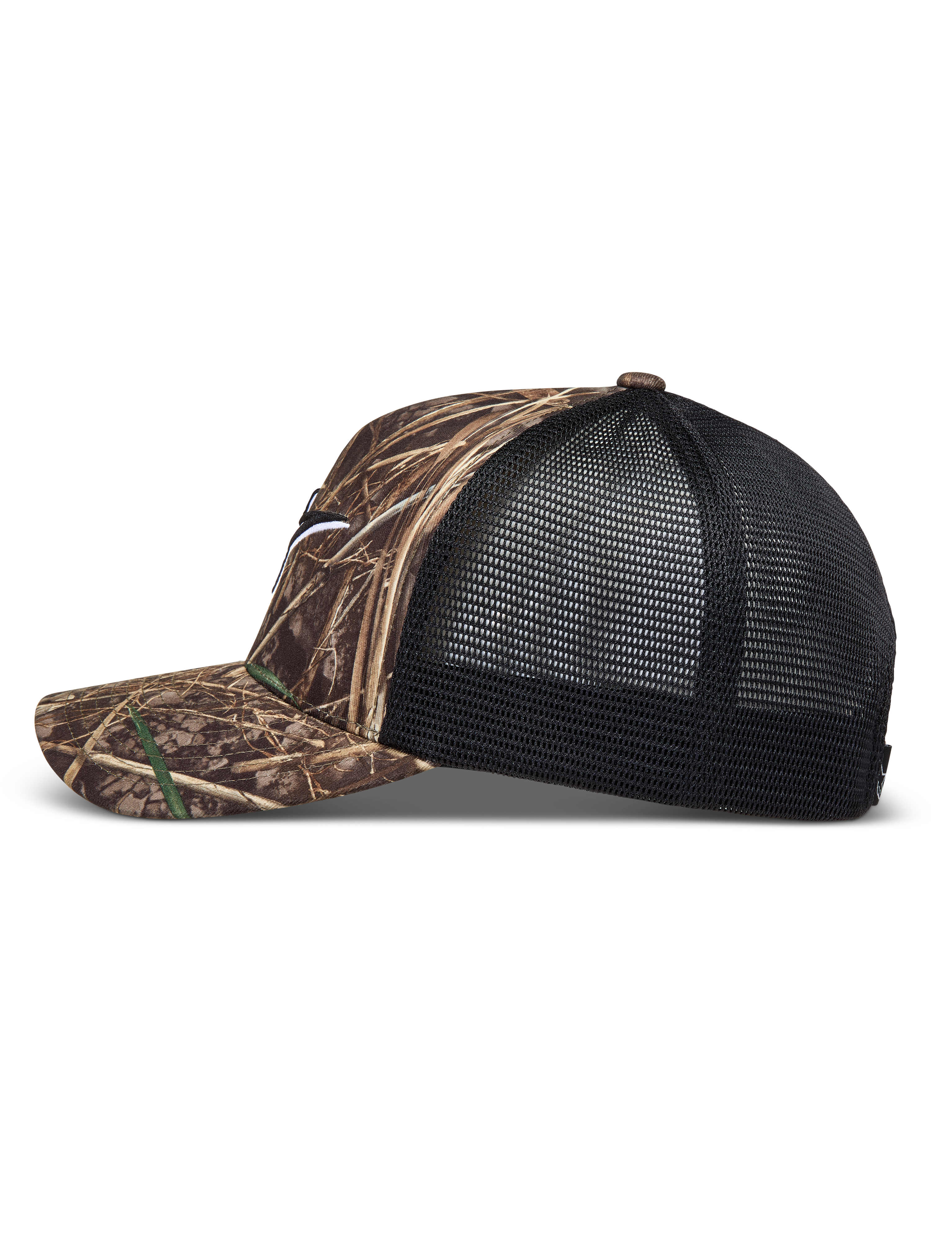 Alpinestars Thicket Realtree Trucker Casquette, casquette trucker noire et camouflage, visière courbée et arrière en maille
