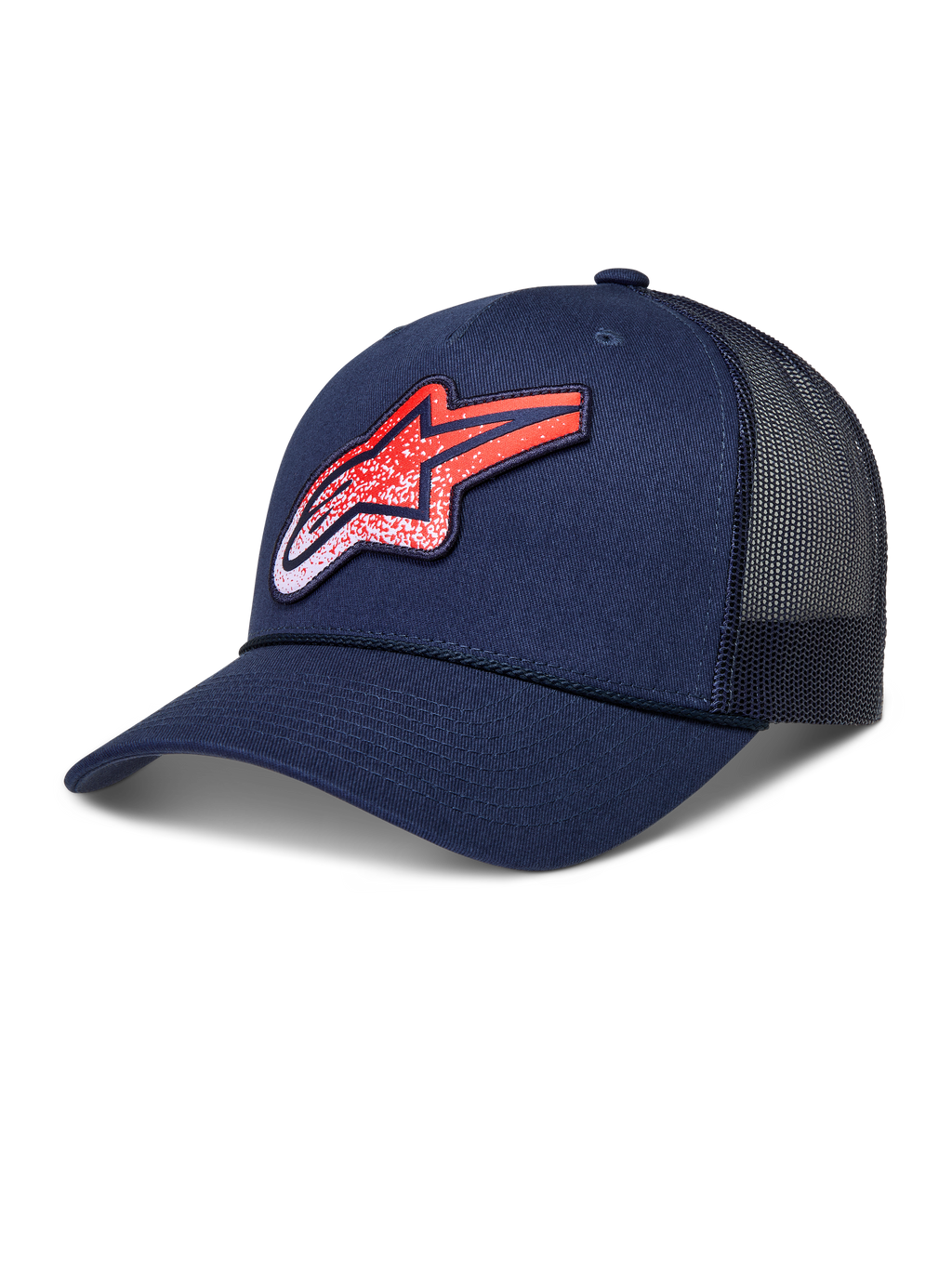 Alpinestars casquette trucker Meteorite, accessoire de sportswear lifestyle, bleu marine et rouge, couronne structurée, visière incurvée, panneaux arrière en maille respirante, écusson logo Astars texturé
