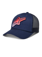 Alpinestars casquette trucker Meteorite, accessoire de sportswear lifestyle, bleu marine et rouge, couronne structurée, visière incurvée, panneaux arrière en maille respirante, écusson logo Astars texturé