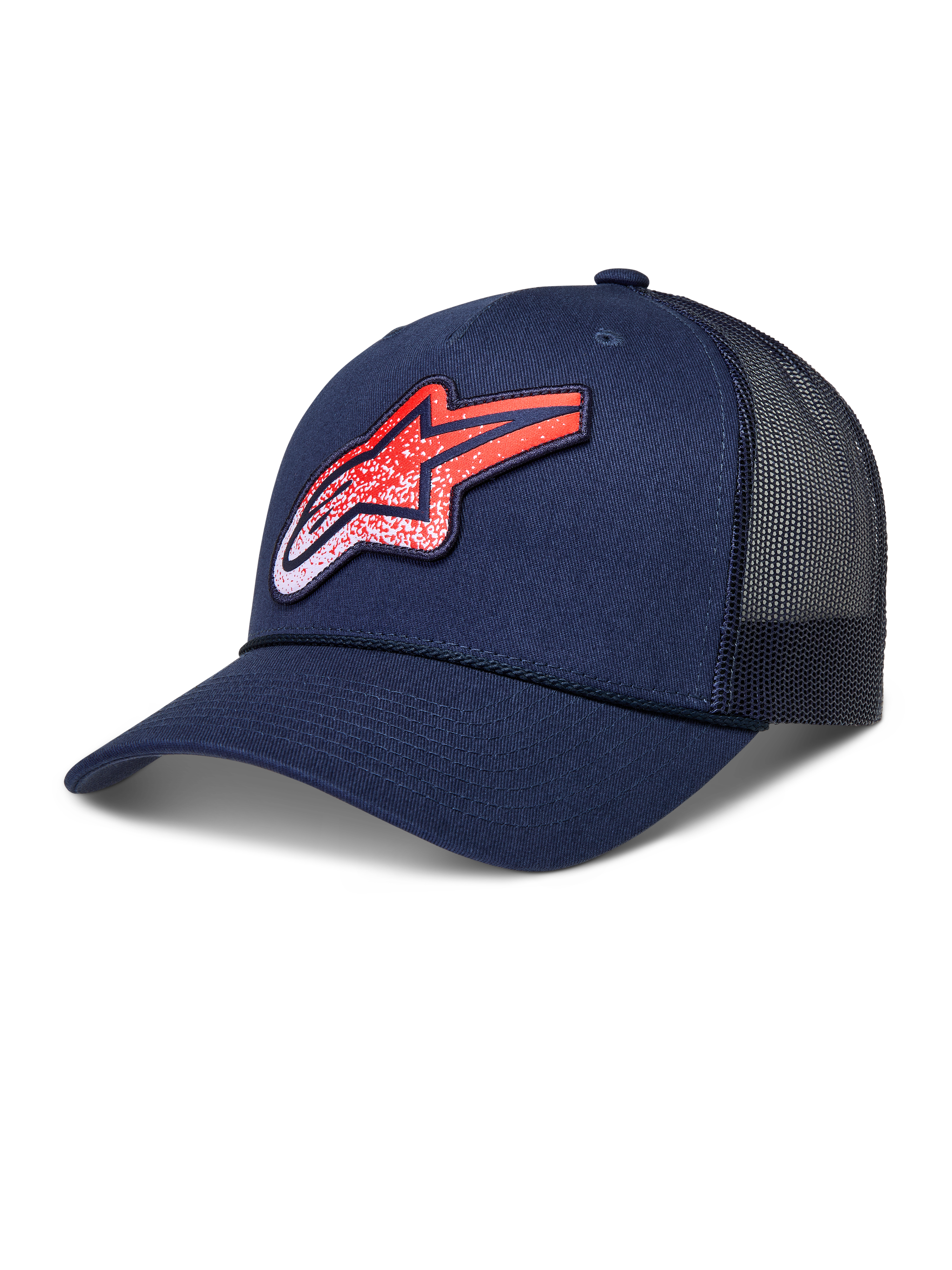 Alpinestars casquette trucker Meteorite, accessoire de sportswear lifestyle, bleu marine et rouge, couronne structurée, visière incurvée, panneaux arrière en maille respirante, écusson logo Astars texturé