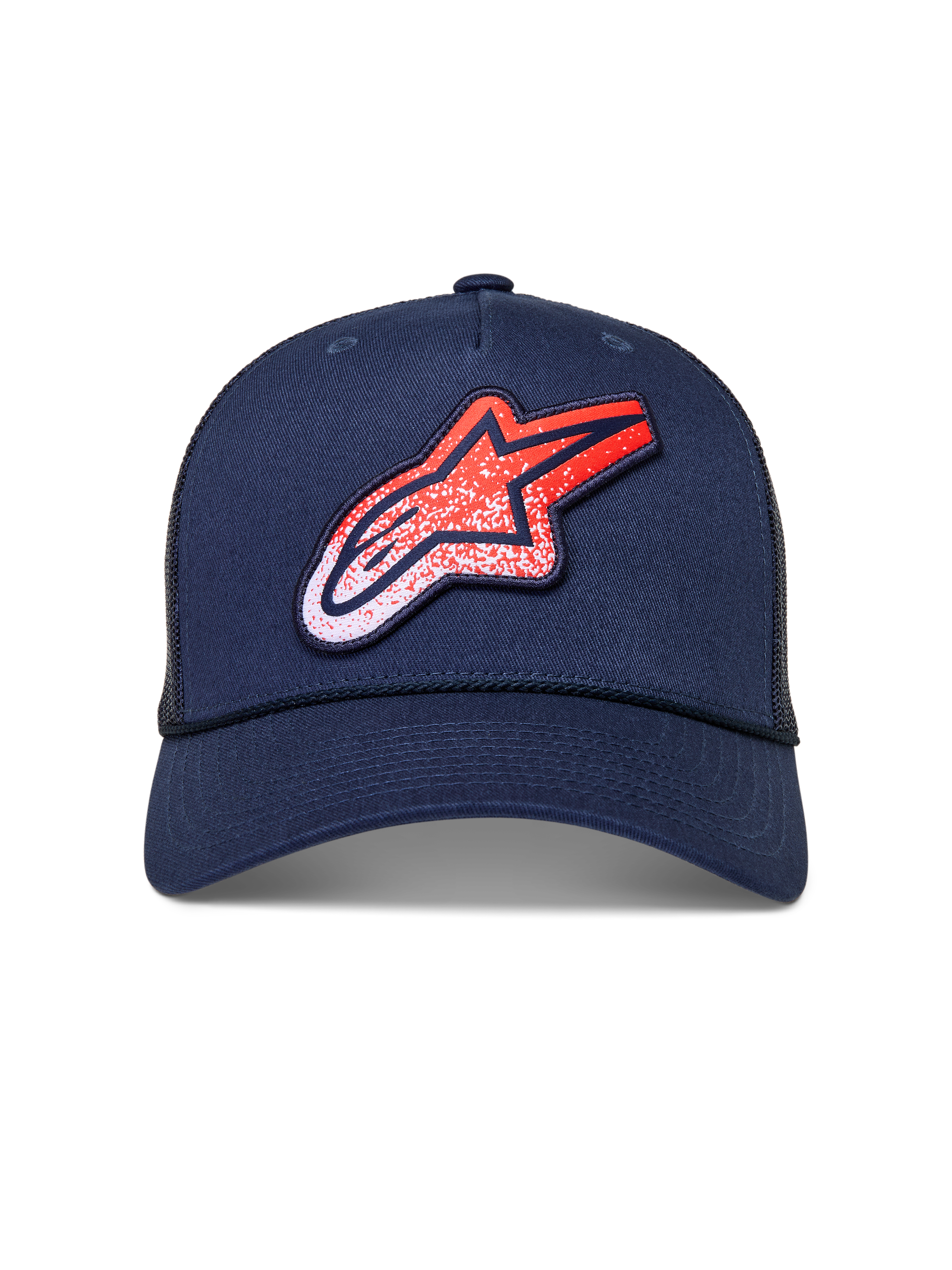 Alpinestars Meteorite Trucker, casquette trucker bleu marine avec visière incurvée et logo Astars rouge et blanc à texture gravier