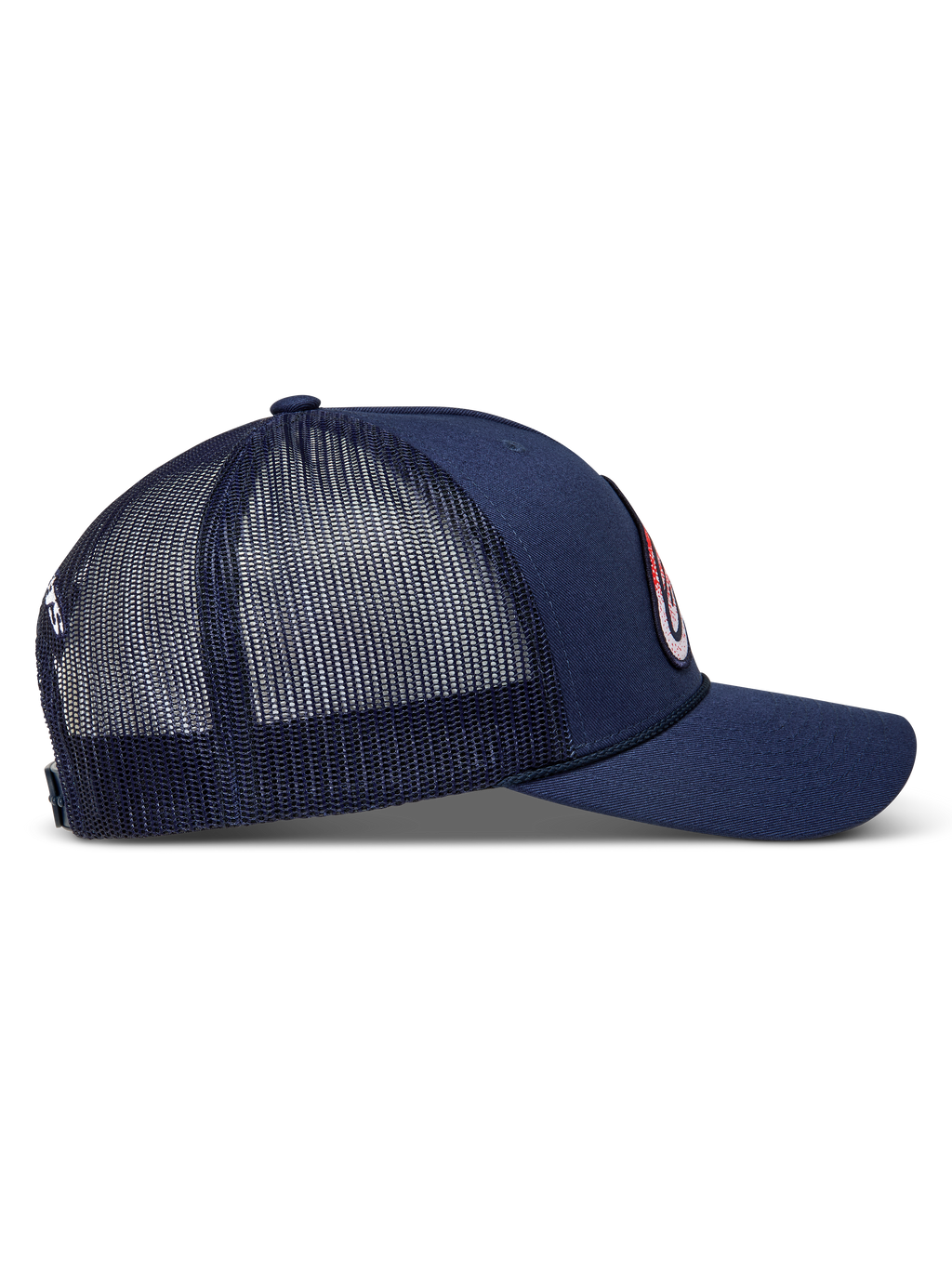 Alpinestars Meteorite Trucker Casquette bleu marine, visière incurvée, maille arrière et couronne structurée, vue de profil.