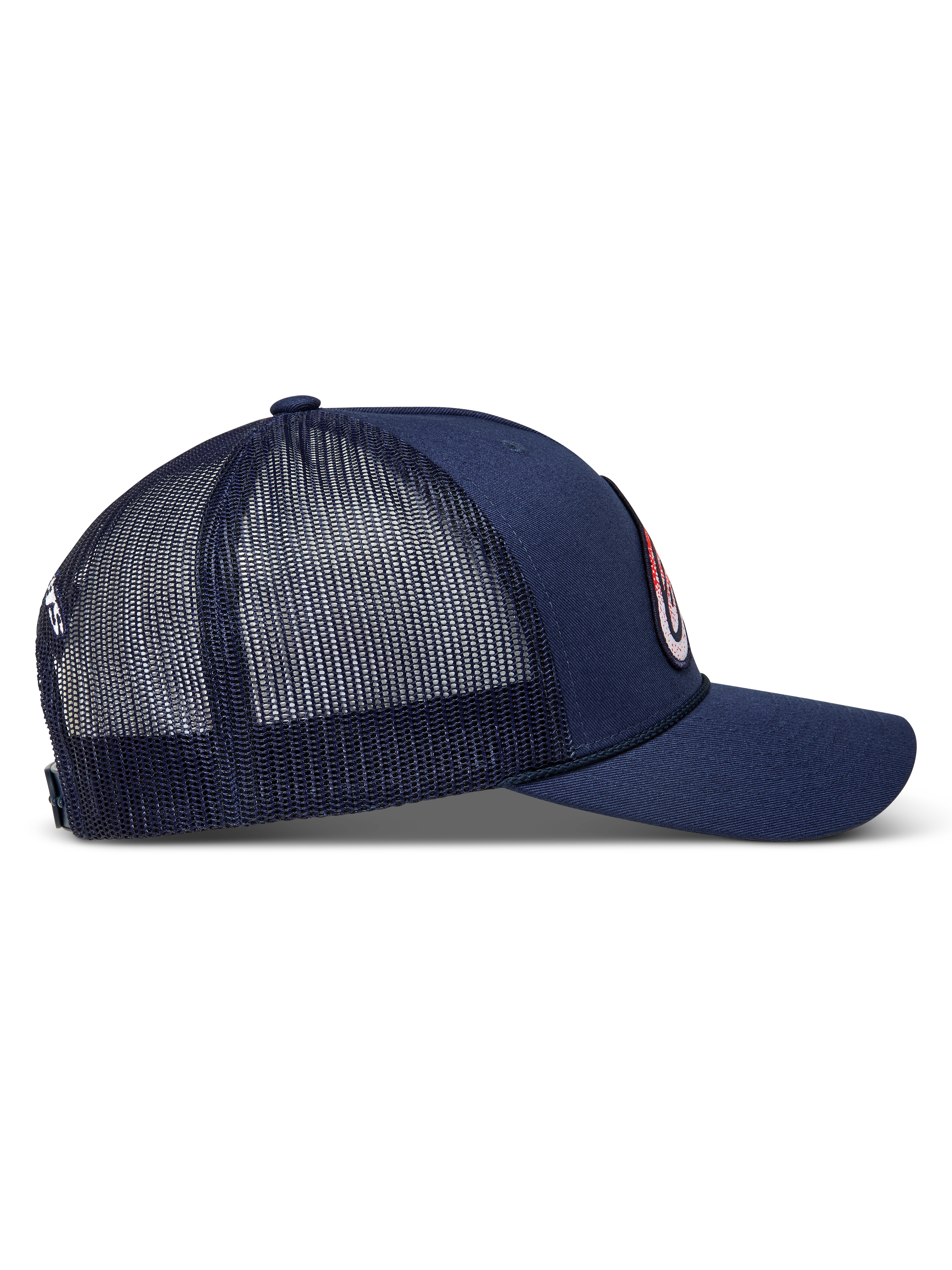 Alpinestars Meteorite Trucker Casquette bleu marine, visière incurvée, maille arrière et couronne structurée, vue de profil.