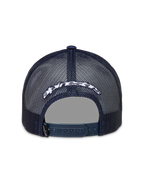 Alpinestars Meteorite Trucker, casquette trucker bleu marine et blanche, vue de dos avec arrière en maille, fermeture à pression et logo Astars brodé.