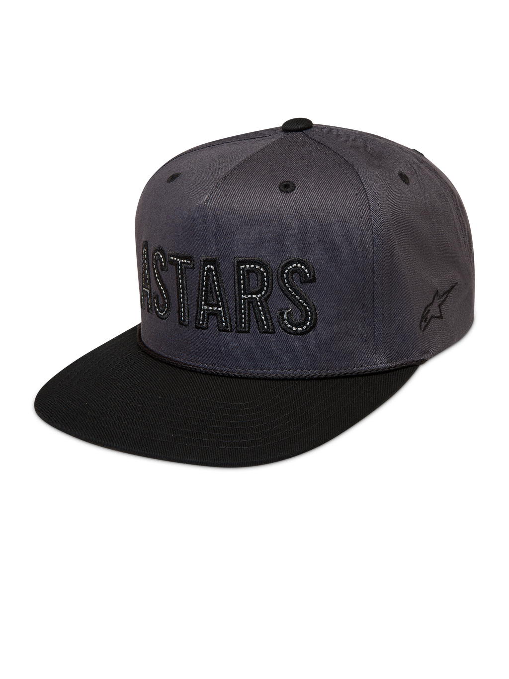 Alpinestars Stadium Snapback Hat, dark gray and black flat-bill cap featuring a structured crown and contrast Astars logo.