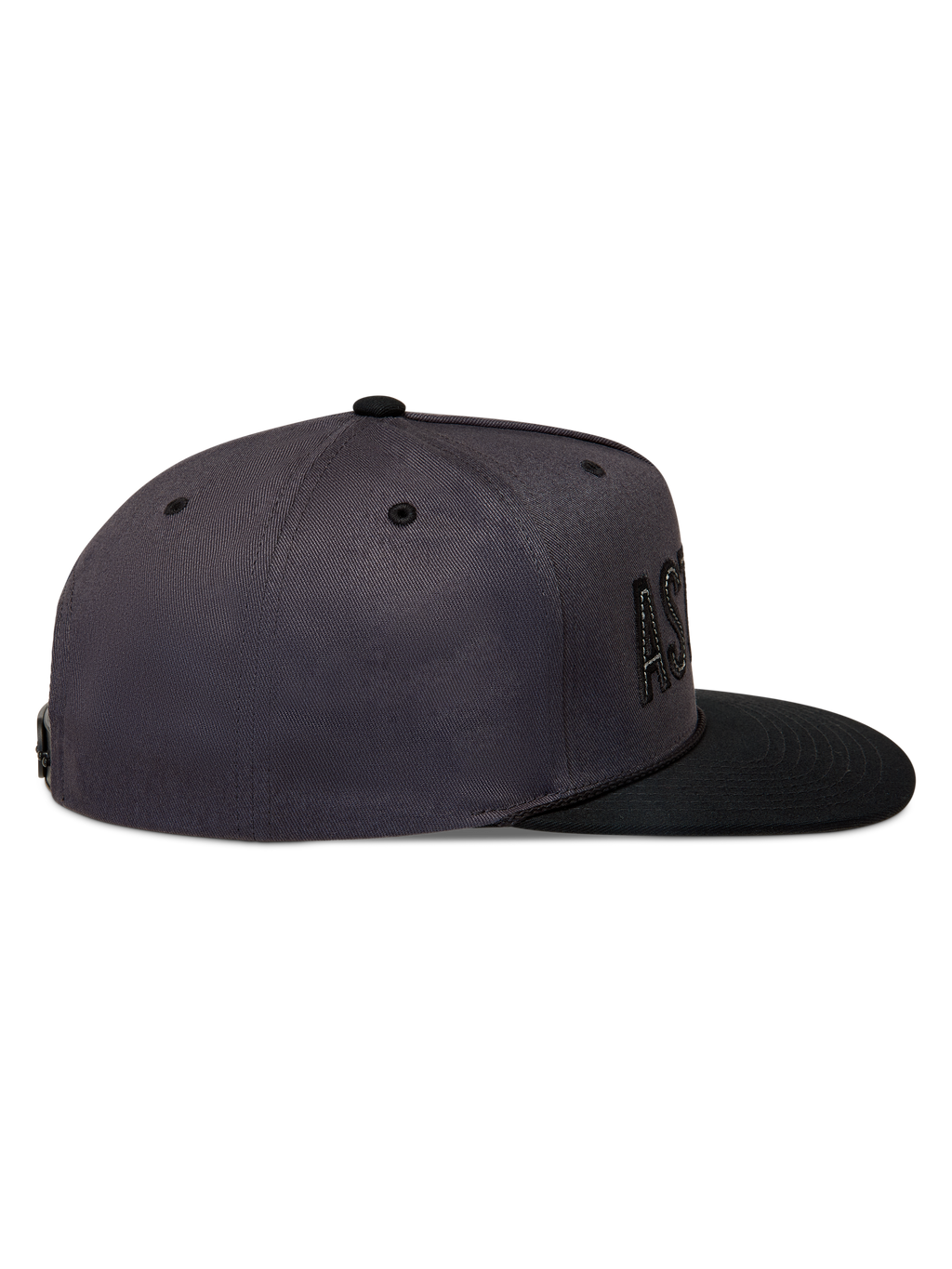 Alpinestars Stadium Snapback Hat, side view of a flat bill sportswear cap in Dark Gray and Black with a structured crown.