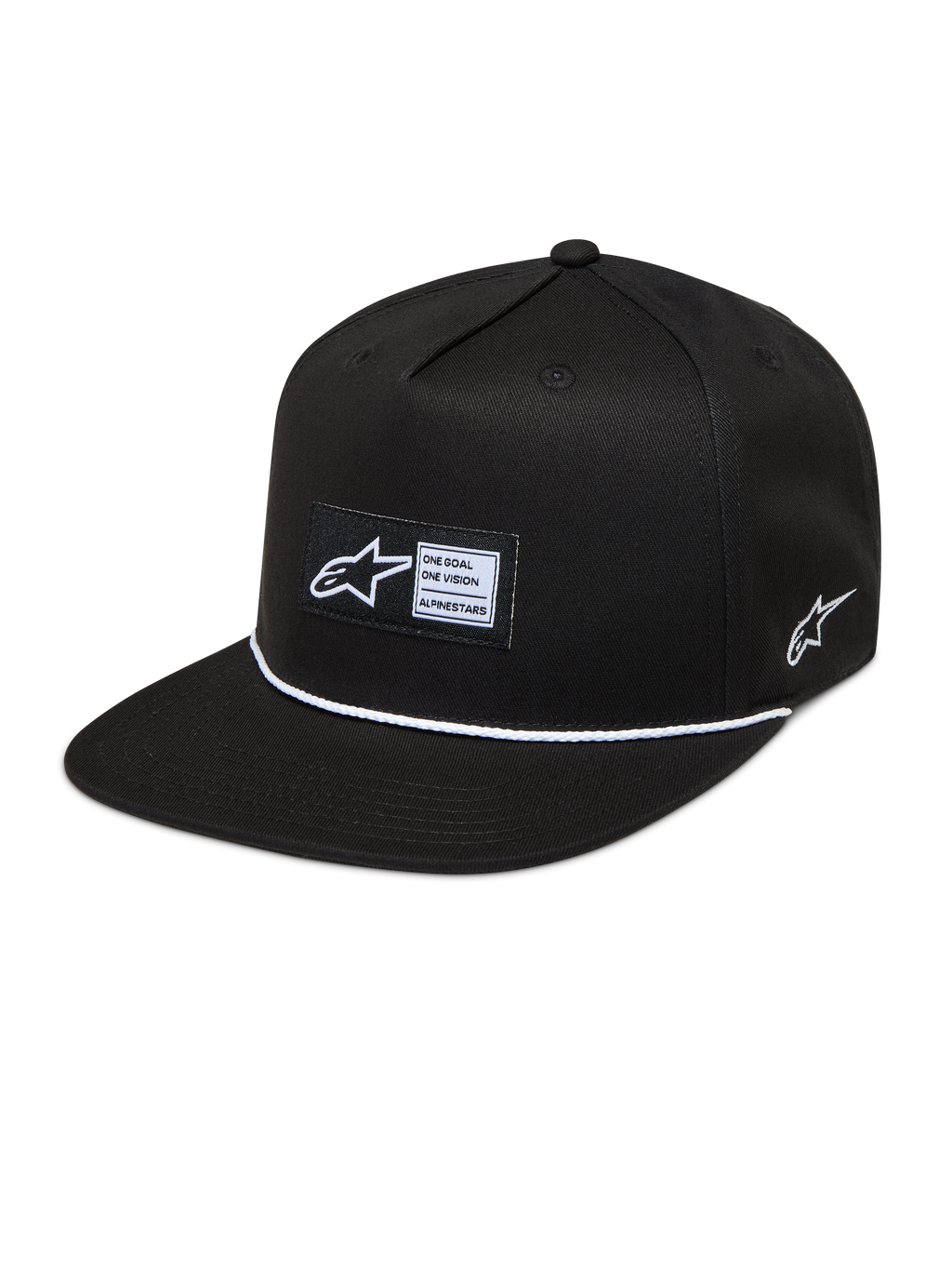 Alpinestars Label Snapback, casquette sportswear noire et blanche à visière plate, écusson tissé et cordon.