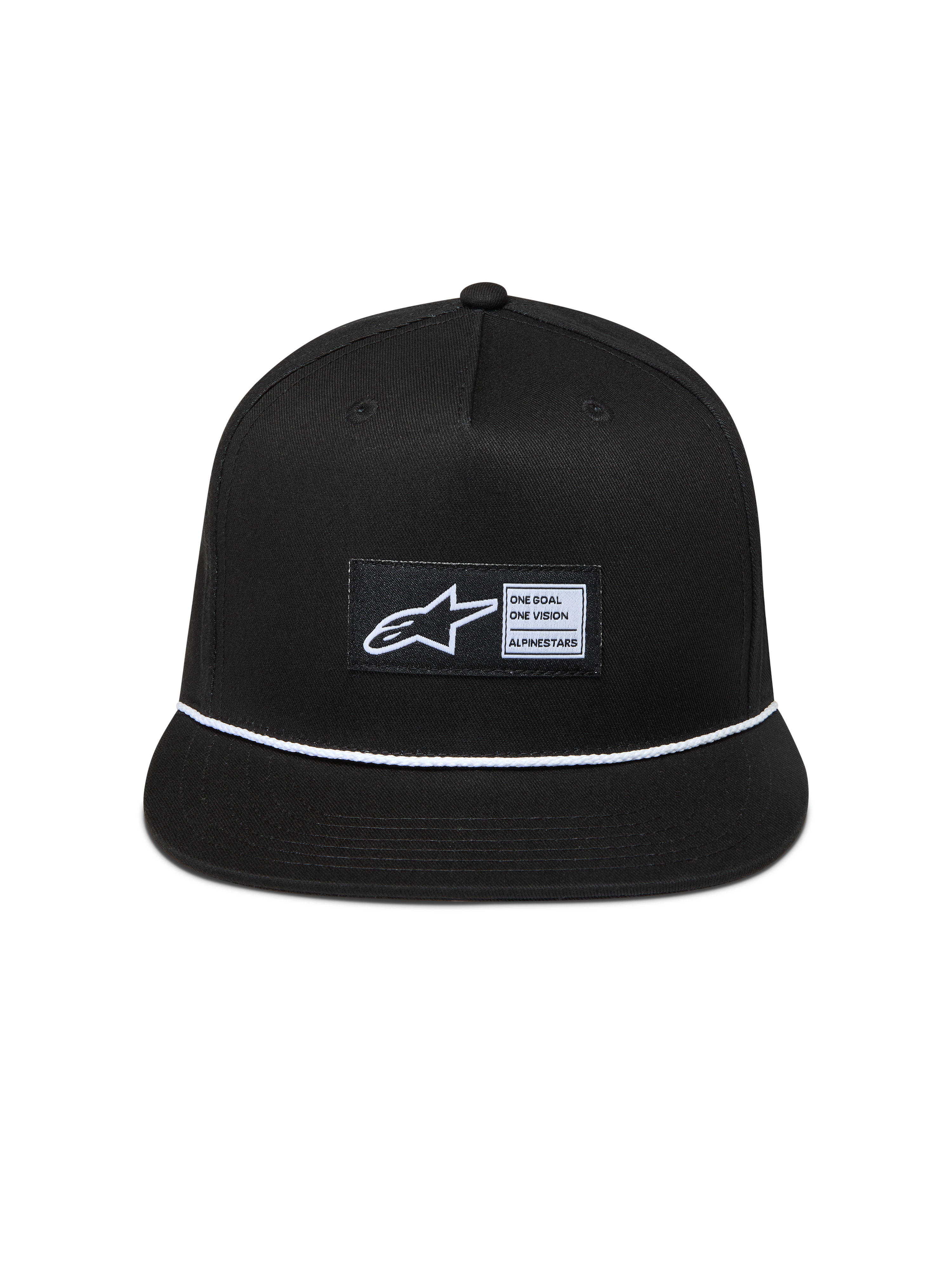 Alpinestars Label Snapback, casquette de sportswear noire en sergé avec visière plate, cordelette tressée blanche et logo Astars tissé
