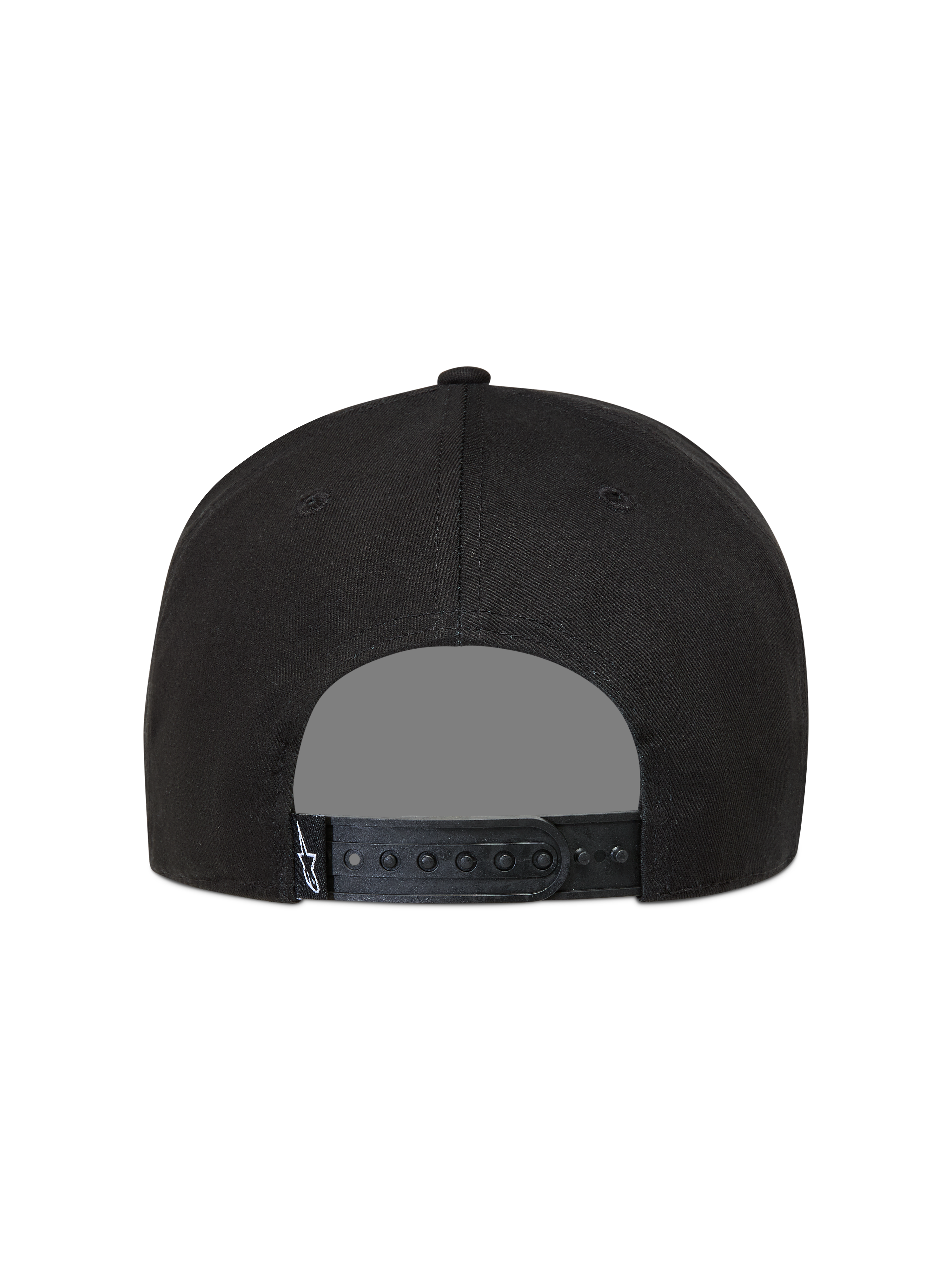 Alpinestars Label Snapback, casquette sportswear noire, vue de dos avec fermeture snapback et étiquette logo Astars blanche.