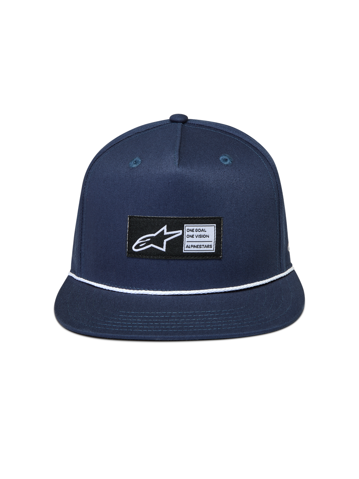 Alpinestars Label Snapback, casquette de sportswear bleu marine avec visière plate, corde blanche et patch logo tissé.