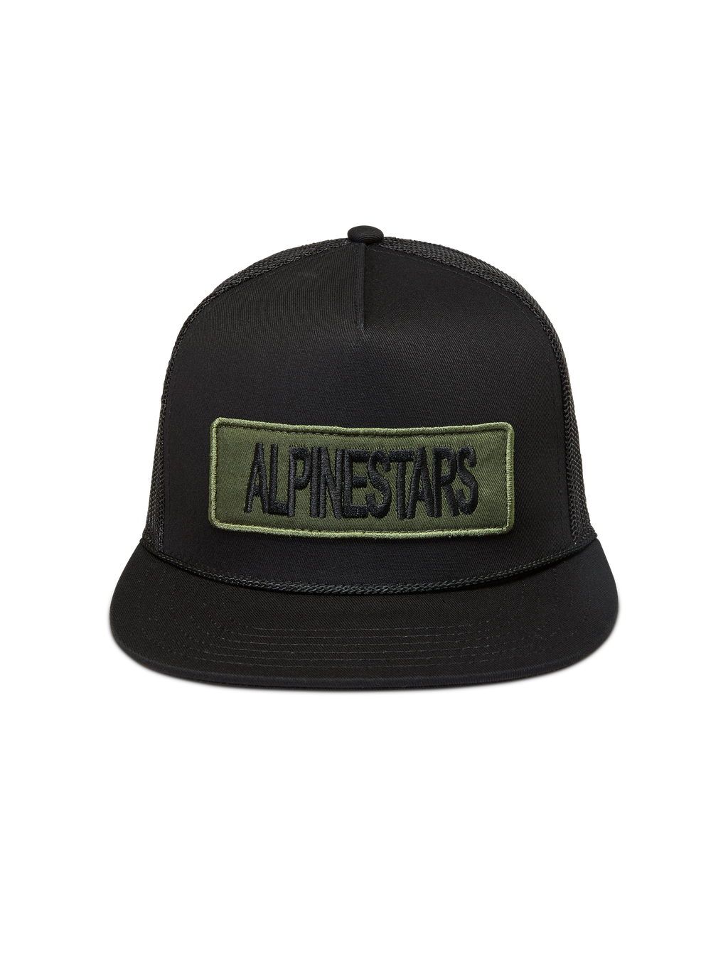Alpinestars Ten Trucker Hat, Black flat-bill mesh cap with an olive green embroidered logo patch for casual sportswear.