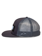 Alpinestars Ten Trucker Hat, dark grey flat bill cap with breathable mesh back and side Astars logo embroidery.