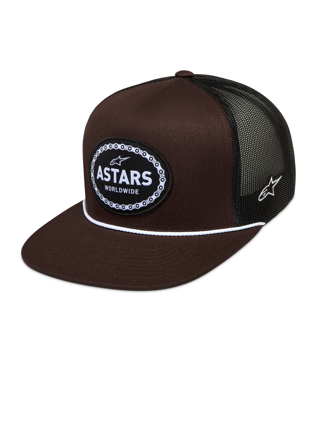 Alpinestars casquette trucker Hotlink, marron et noire, visière plate, arrière en filet et écusson logo Astars.