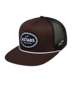 Alpinestars casquette trucker Hotlink, marron et noire, visière plate, arrière en filet et écusson logo Astars.