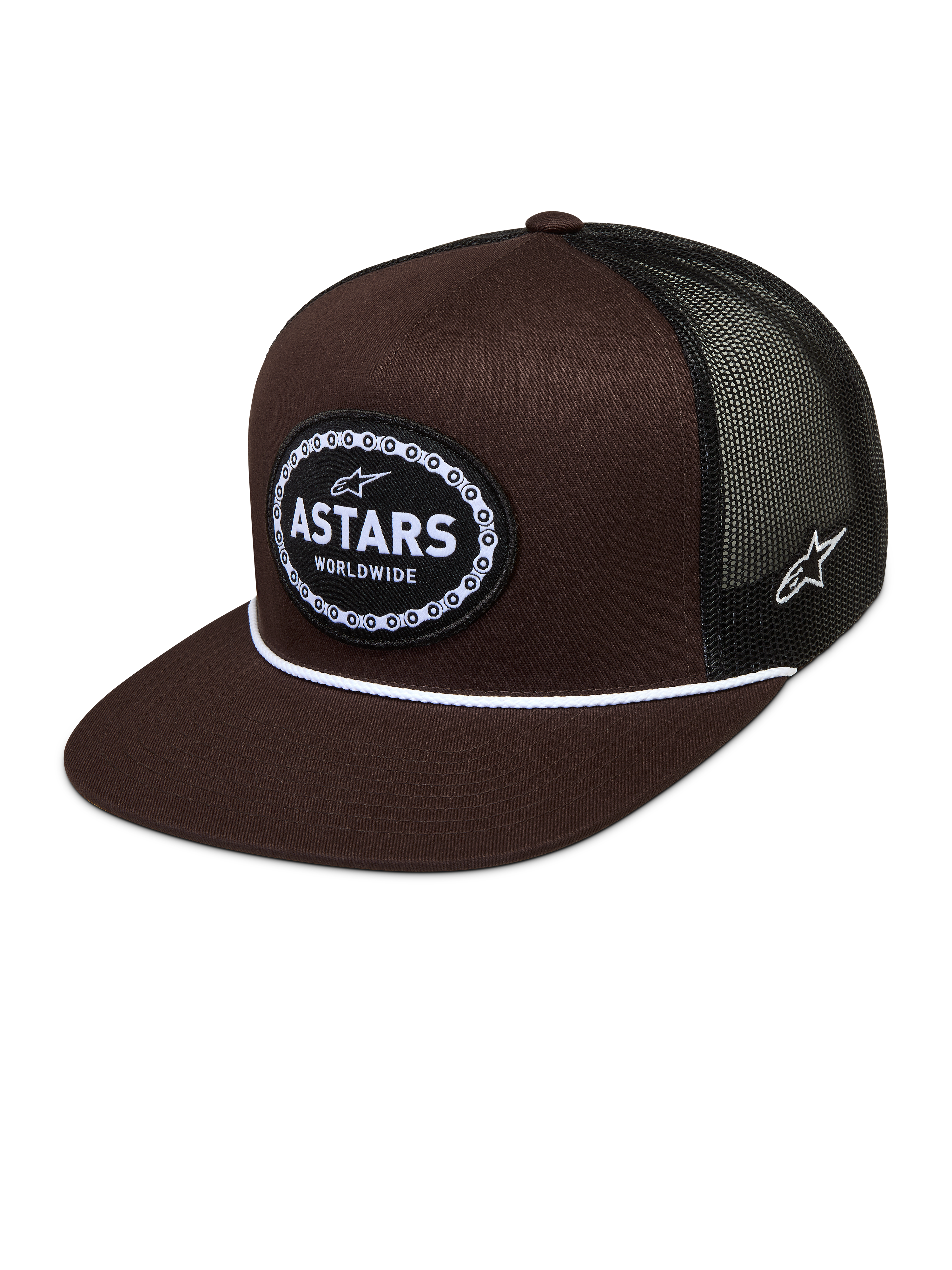Alpinestars casquette trucker Hotlink, marron et noire, visière plate, arrière en filet et écusson logo Astars.