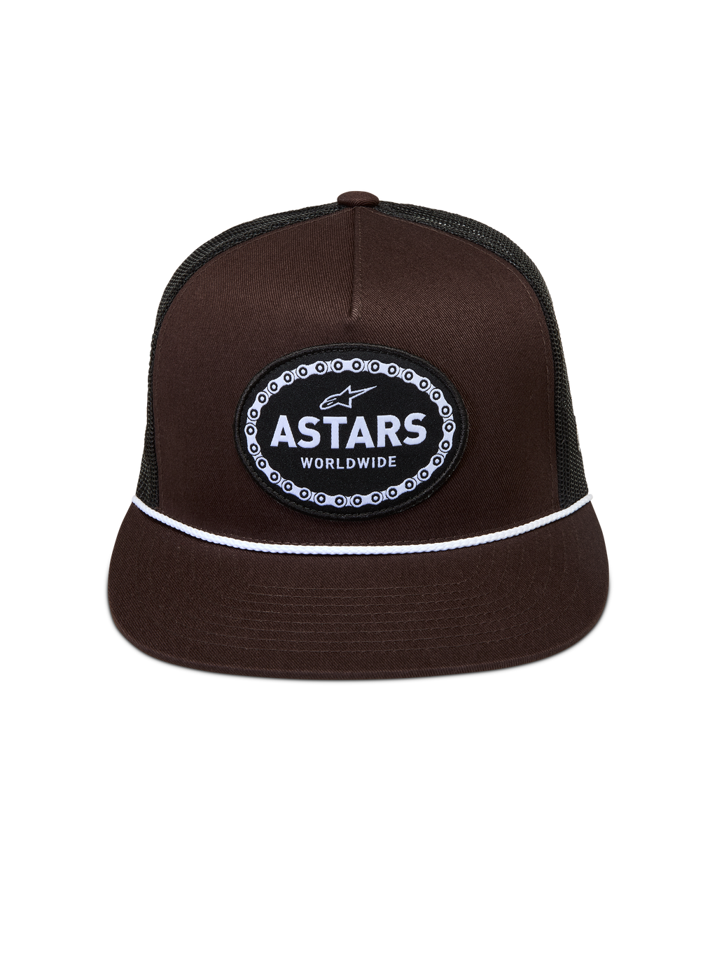 Alpinestars Hotlink Trucker, casquette trucker marron et noire à visière plate, cordon blanc et écusson logo Astars.