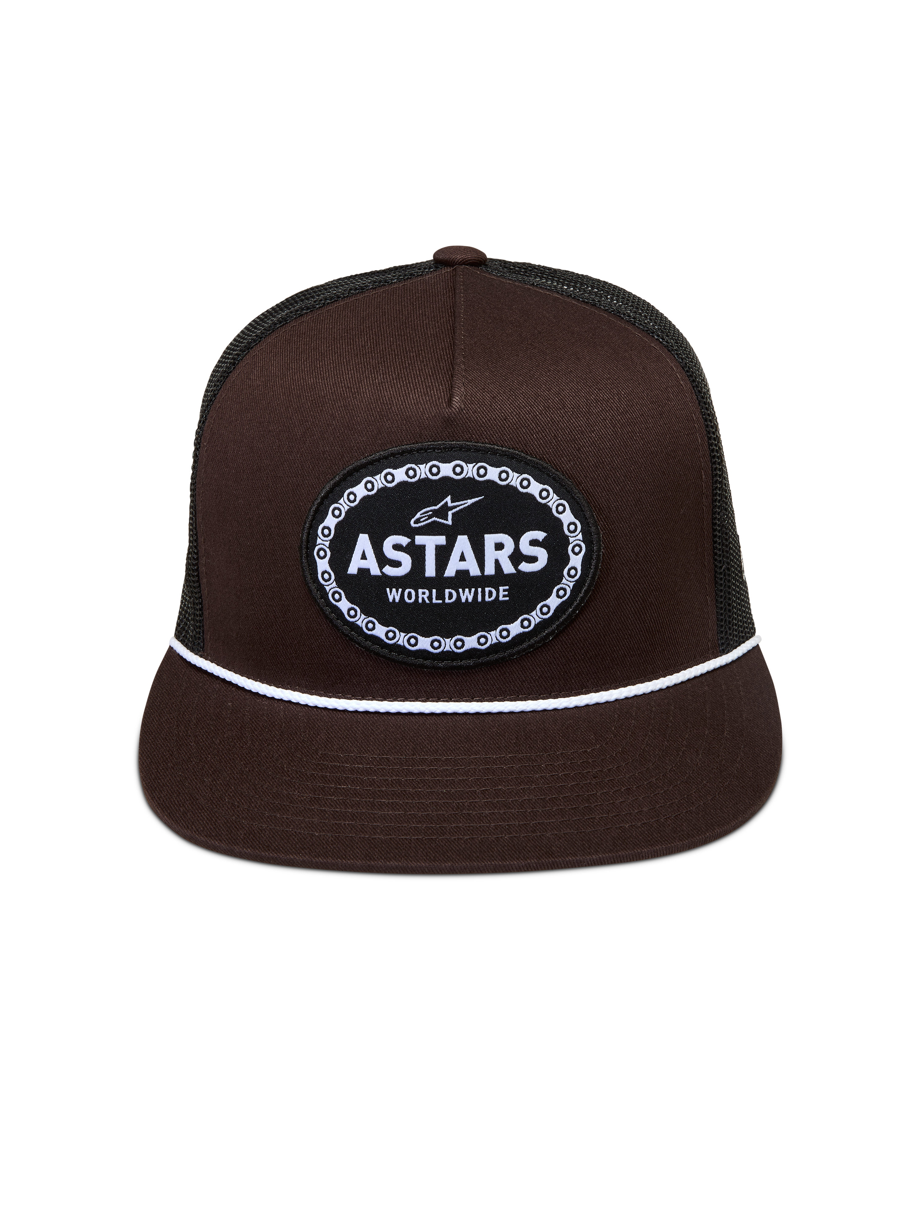 Alpinestars Hotlink Trucker, casquette trucker marron et noire à visière plate, cordon blanc et écusson logo Astars.