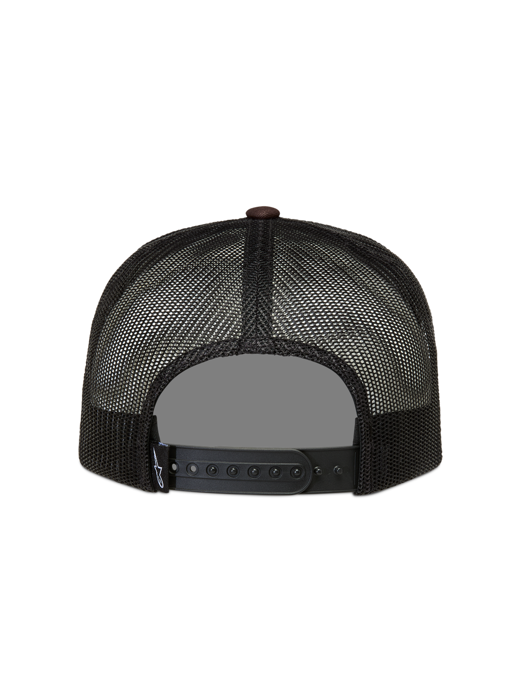 Alpinestars Hotlink, casquette trucker noire et marron, vue de dos avec filet mesh et fermeture snapback réglable.