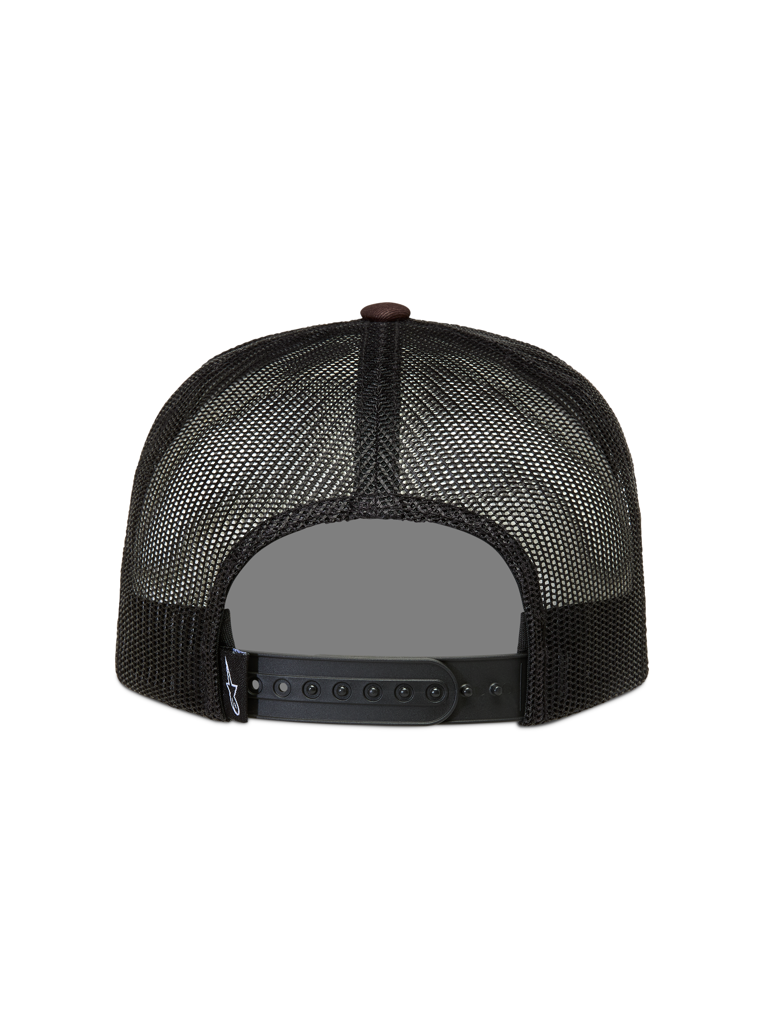 Alpinestars Hotlink, casquette trucker noire et marron, vue de dos avec filet mesh et fermeture snapback réglable.