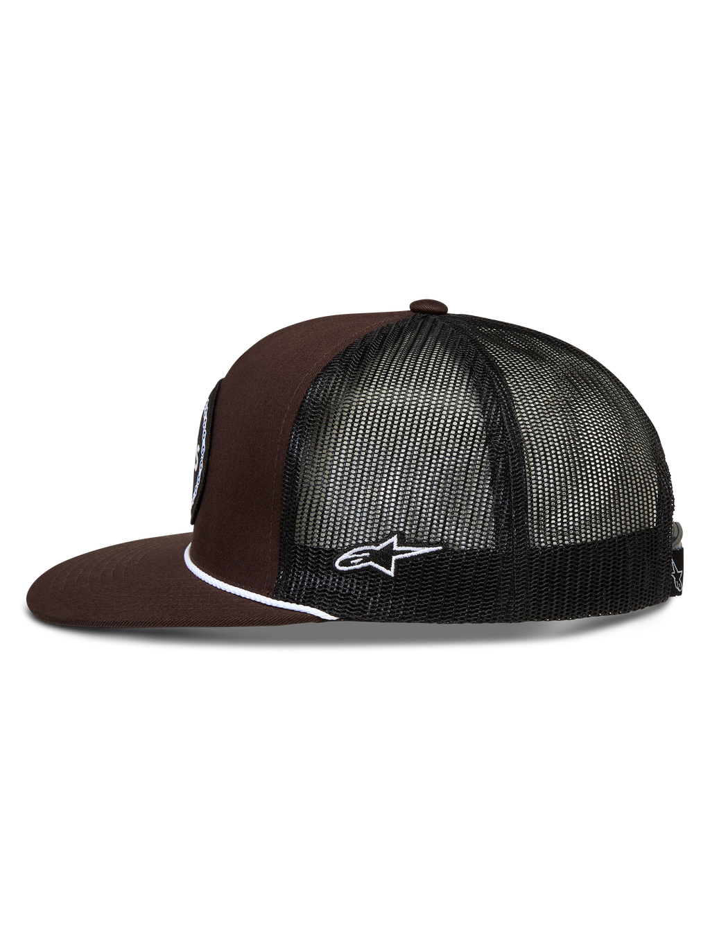 Alpinestars Hotlink Trucker, casquette marron et noire avec dos en maille, visière plate et cordelette blanche.