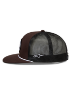 Alpinestars Hotlink Trucker, casquette marron et noire avec dos en maille, visière plate et cordelette blanche.