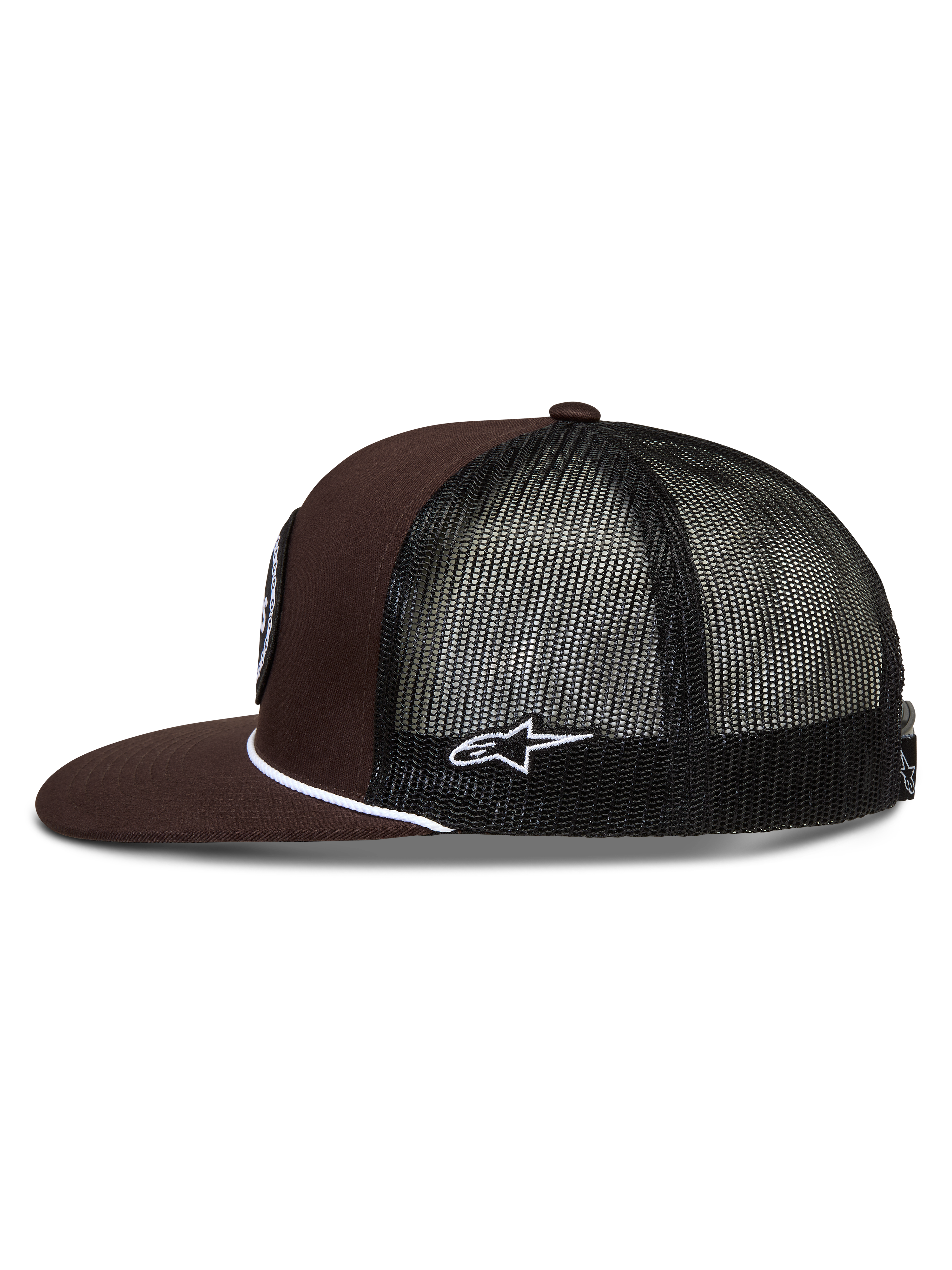 Alpinestars Hotlink Trucker, casquette marron et noire avec dos en maille, visière plate et cordelette blanche.
