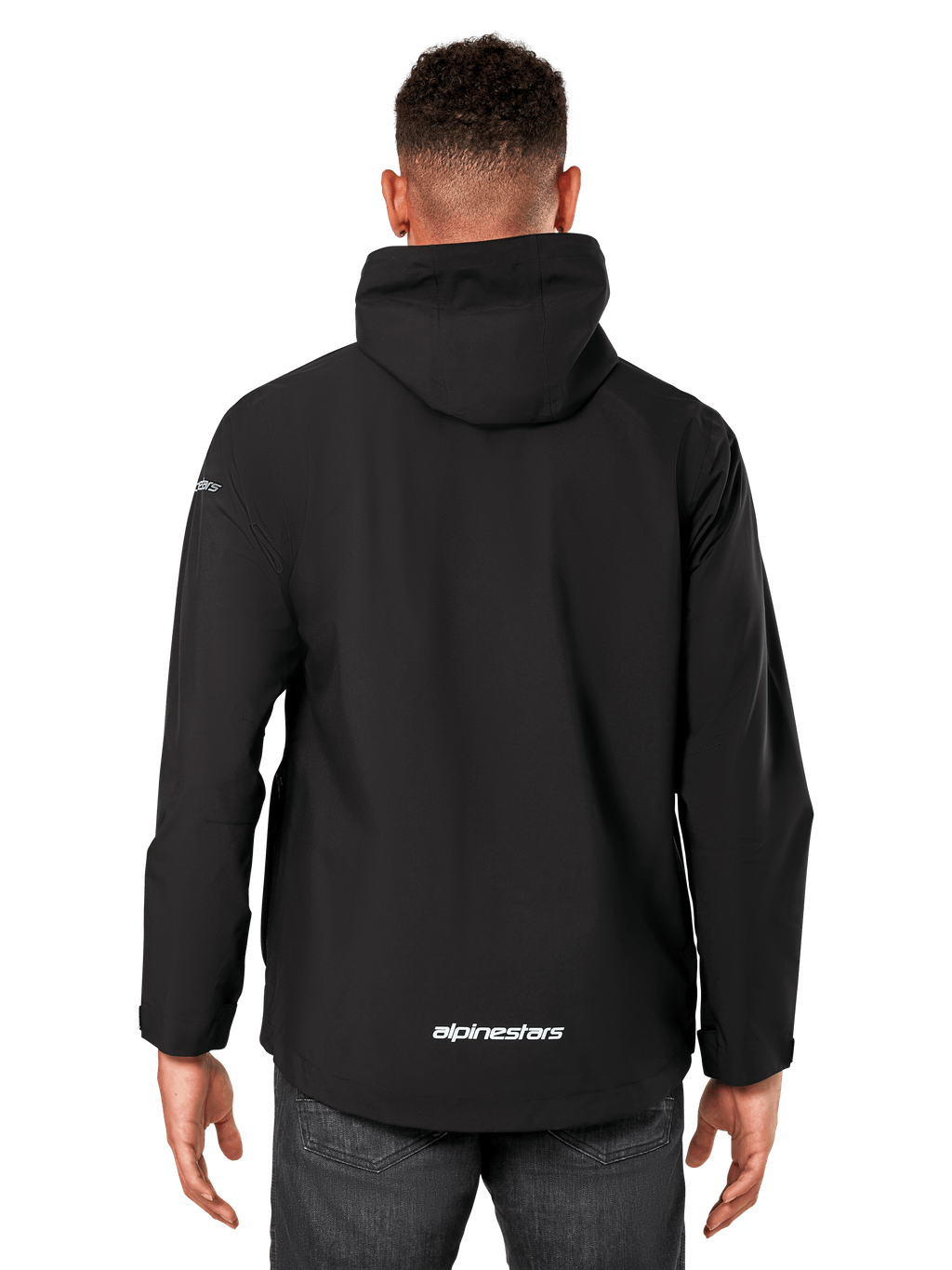 Veste de pluie Alpinestars Kascade, veste coquille pour homme, noir, vue de dos montrant la capuche fixe et le logo Alpinestars dans le bas du dos, sportswear imperméable décontracté