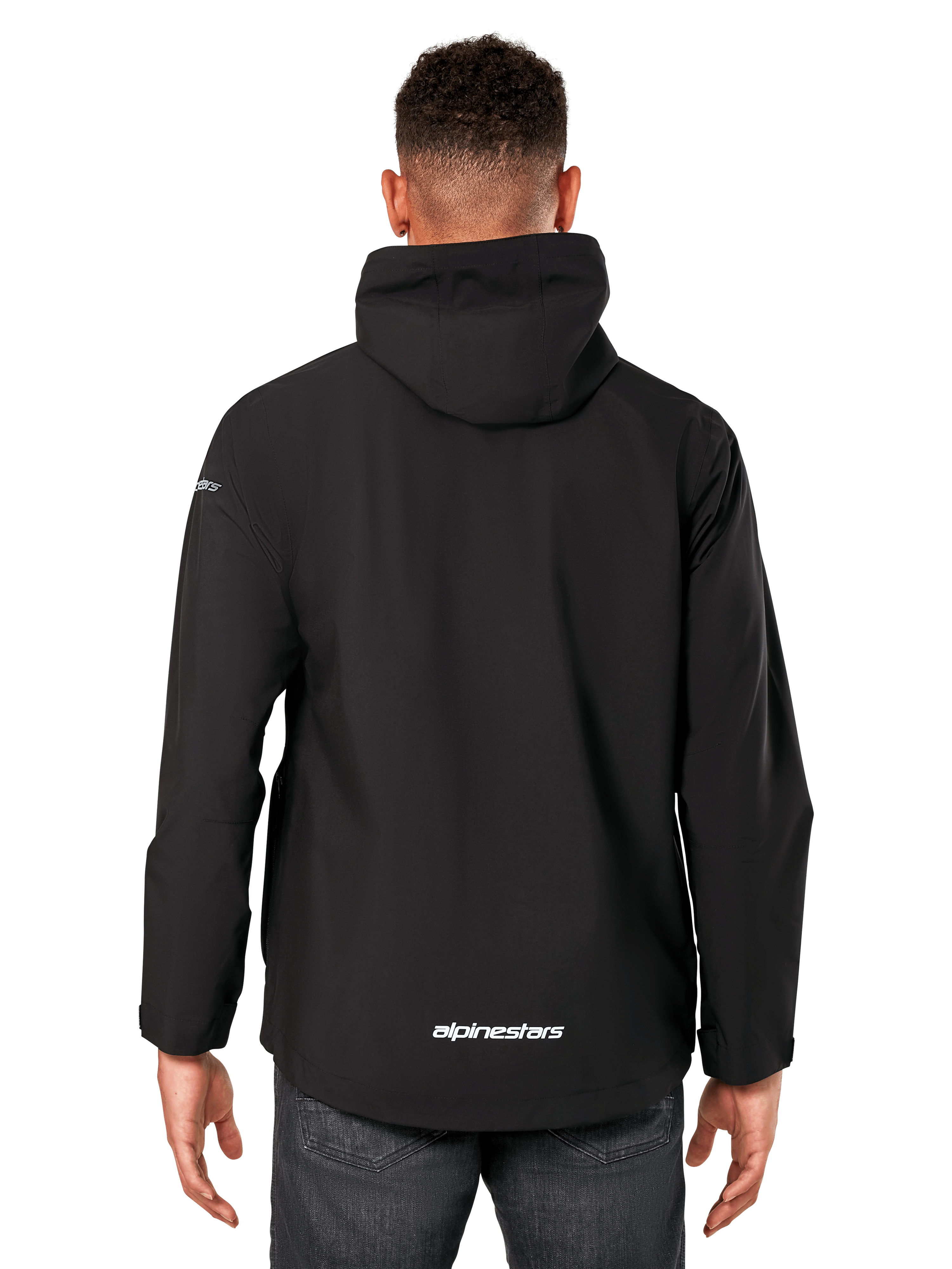 Veste de pluie Alpinestars Kascade, veste coquille pour homme, noir, vue de dos montrant la capuche fixe et le logo Alpinestars dans le bas du dos, sportswear imperméable décontracté